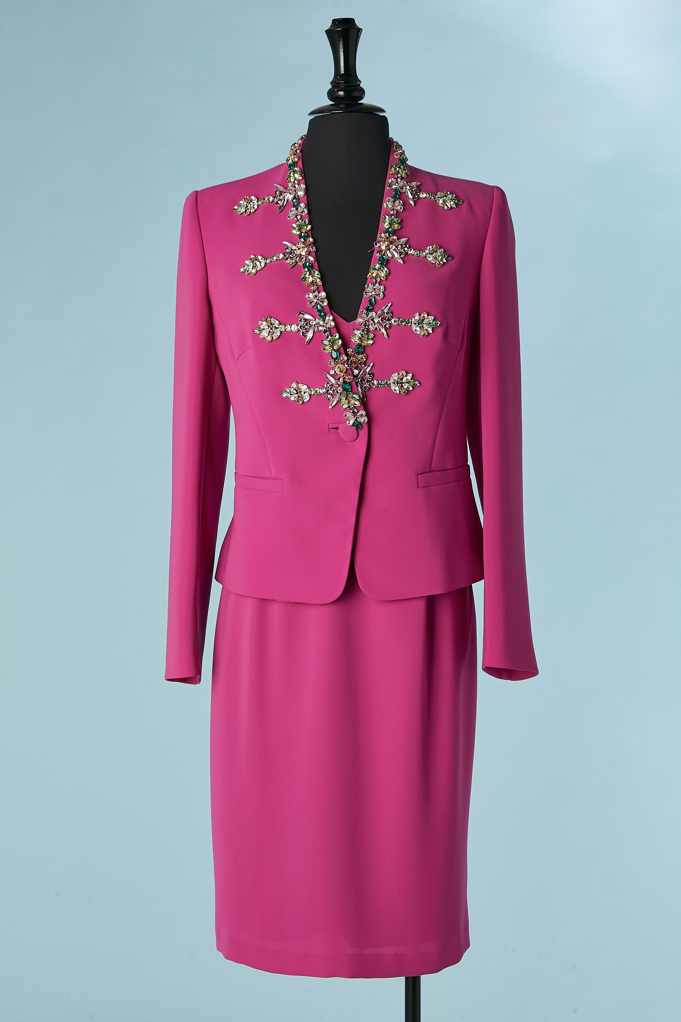 Fushia jacket with rhinestone and dress cocktail ensemble. 
Main fabric and lining: 100% polyester. 
Shoulder pad. Cut-work. Pocket on both side. 
SIZE 42 (It) 38 (Fr) M 