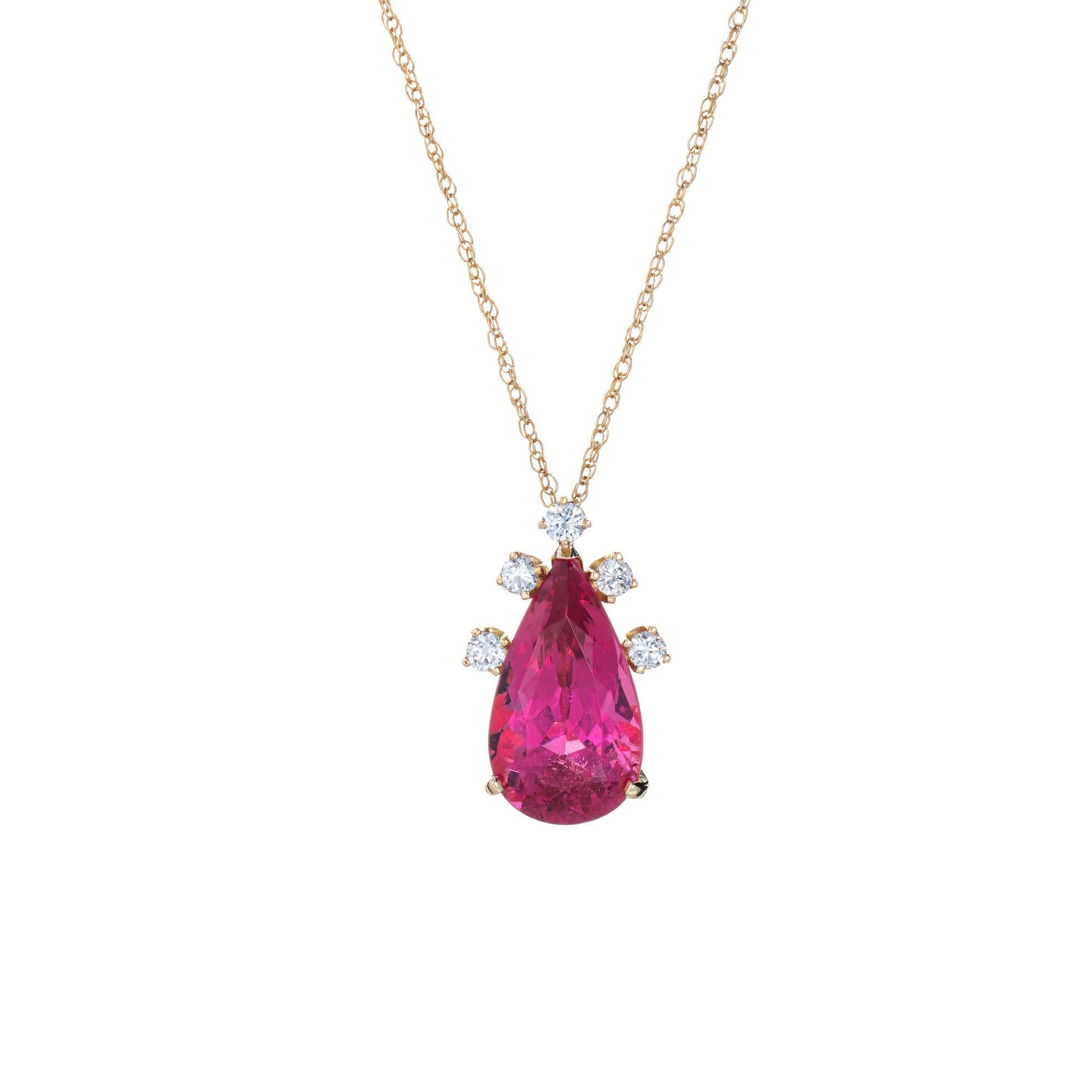Fushia Pink Tourmaline Diamond Pendant Vintage 14k Gold Pear Cut Certificate In Good Condition In Torrance, CA