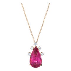 Fushia Pink Tourmaline Diamond Pendant Vintage 14k Gold Pear Cut Certificate