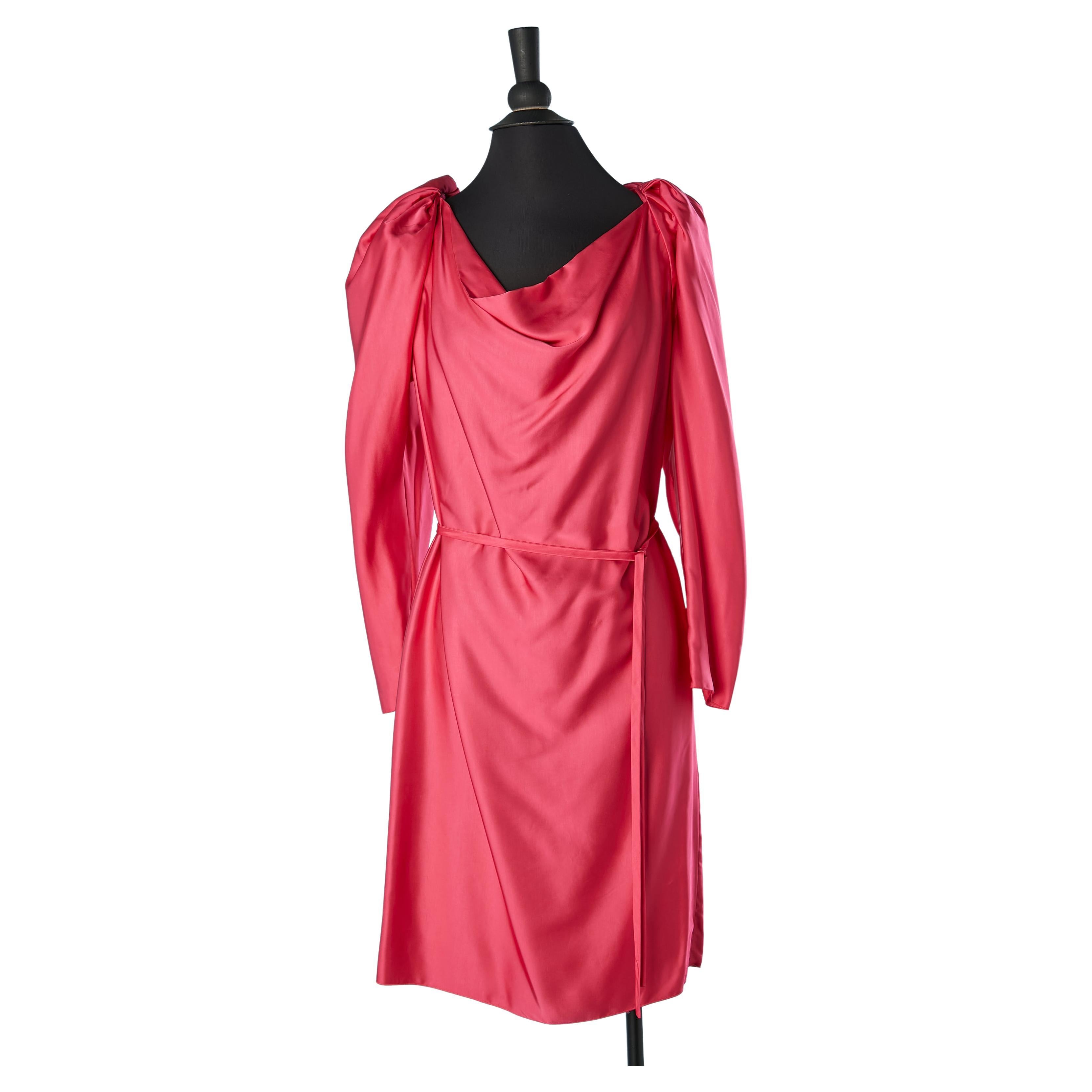 Fushia rayon cocktail dress  drape on the shoulders and belt Lanvin by A .Elbaz  For Sale