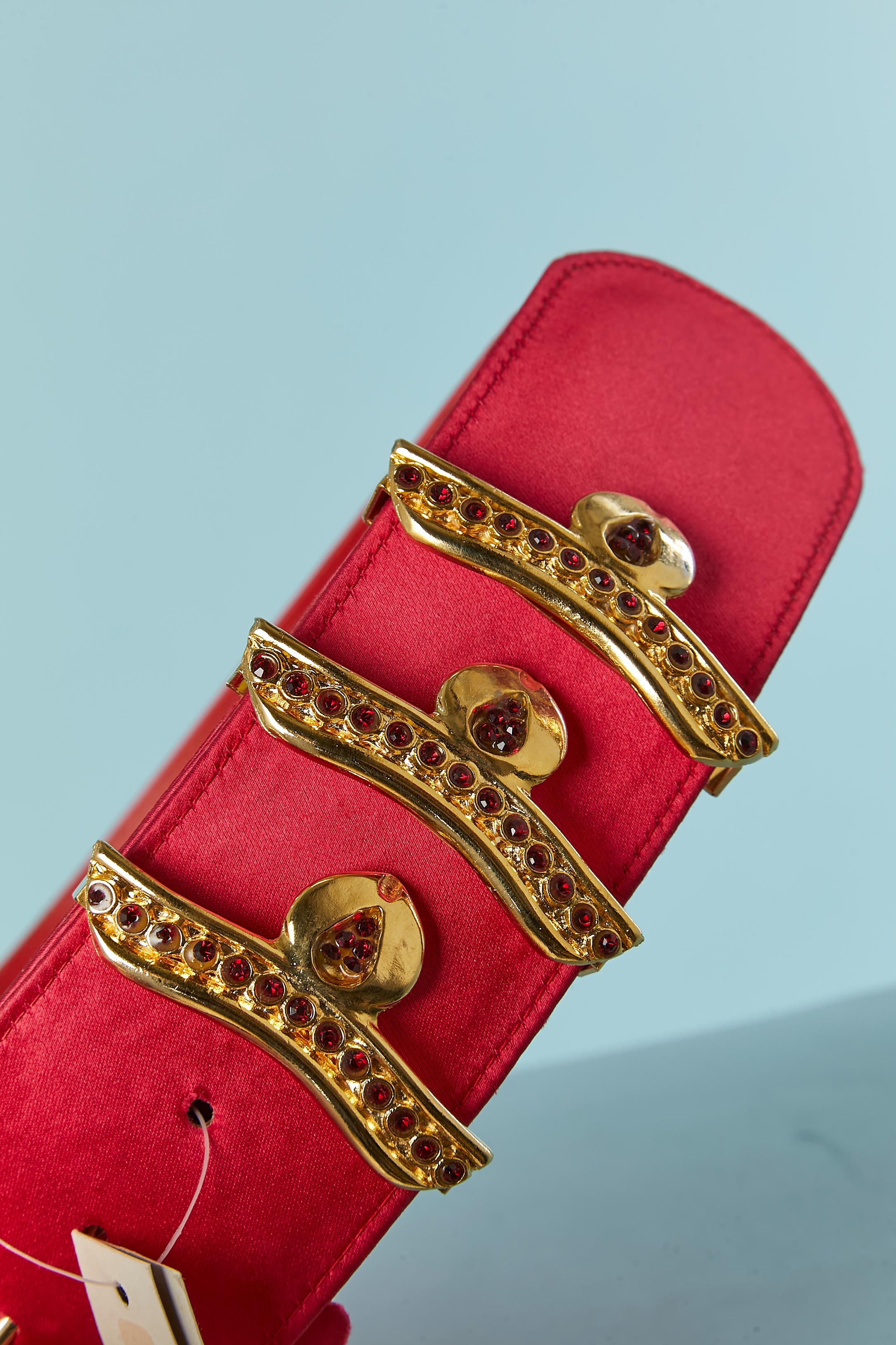 Red Fushia satin belt with gold metal belt-lop and red rhinestone Gianni Versace NEW For Sale