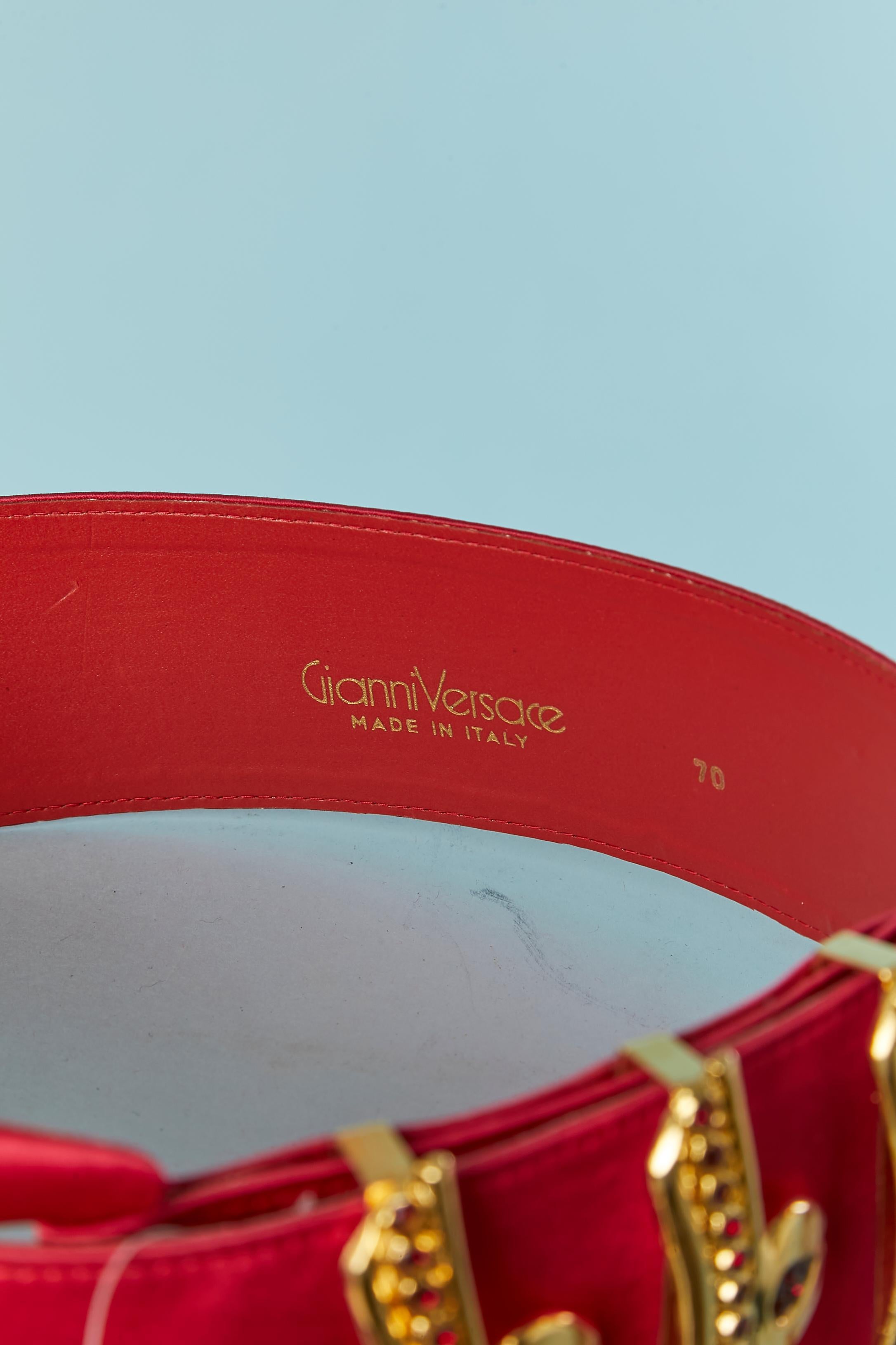 Women's Fushia satin belt with gold metal belt-lop and red rhinestone Gianni Versace NEW For Sale