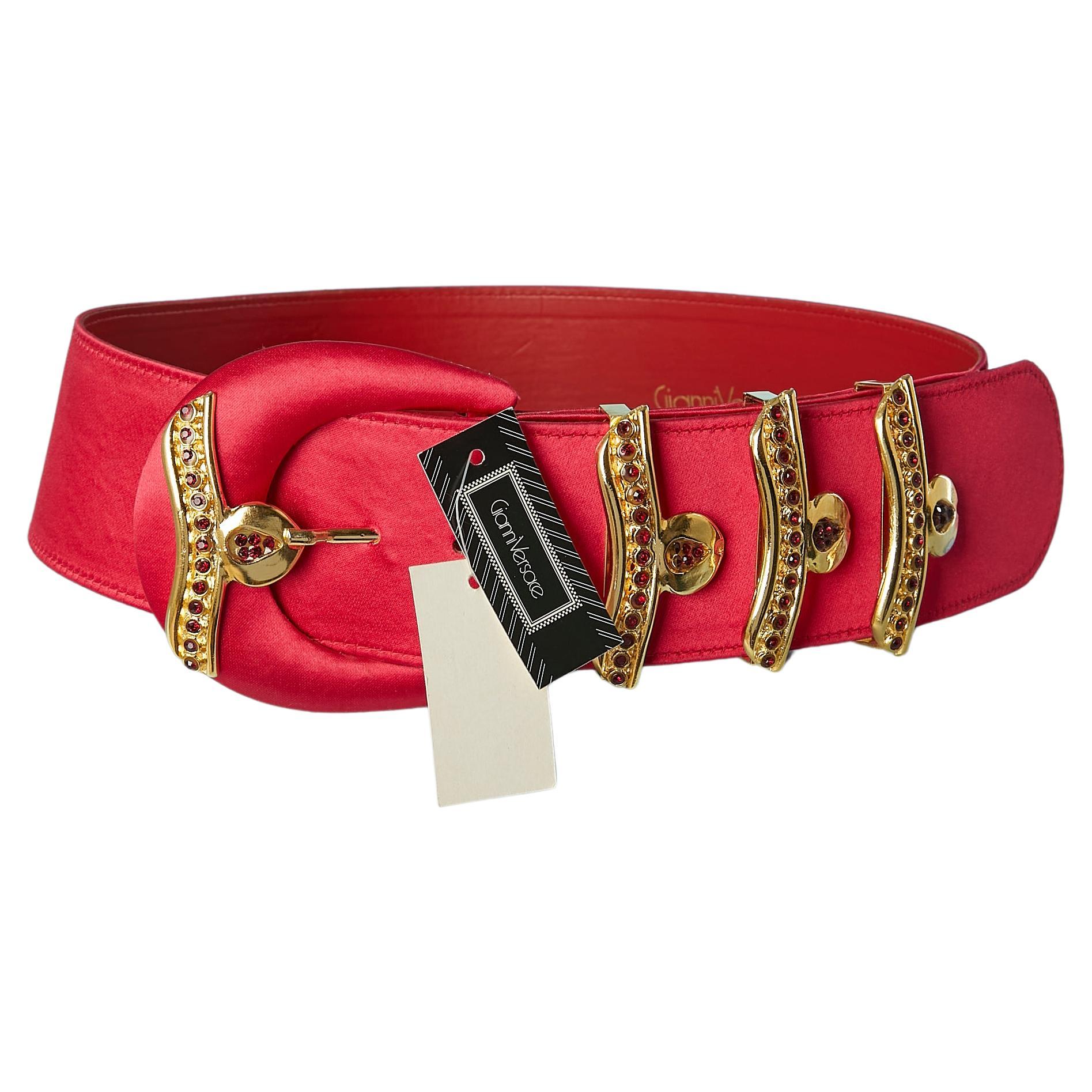 Fushia satin belt with gold metal belt-lop and red rhinestone Gianni Versace NEW