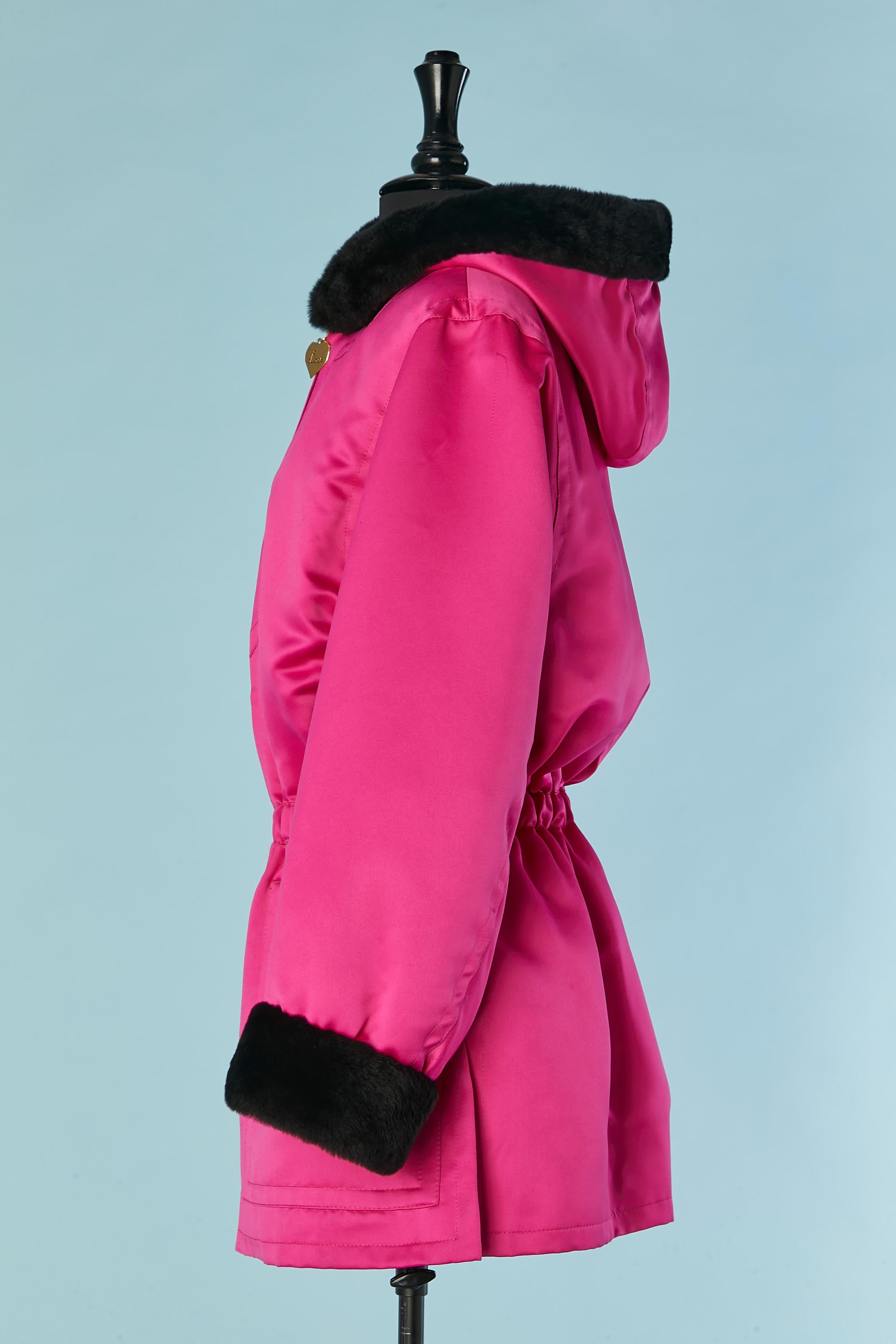 Women's Fushia satin parka with Nutria furs lining and hood Yves Saint Laurent Fourrures For Sale