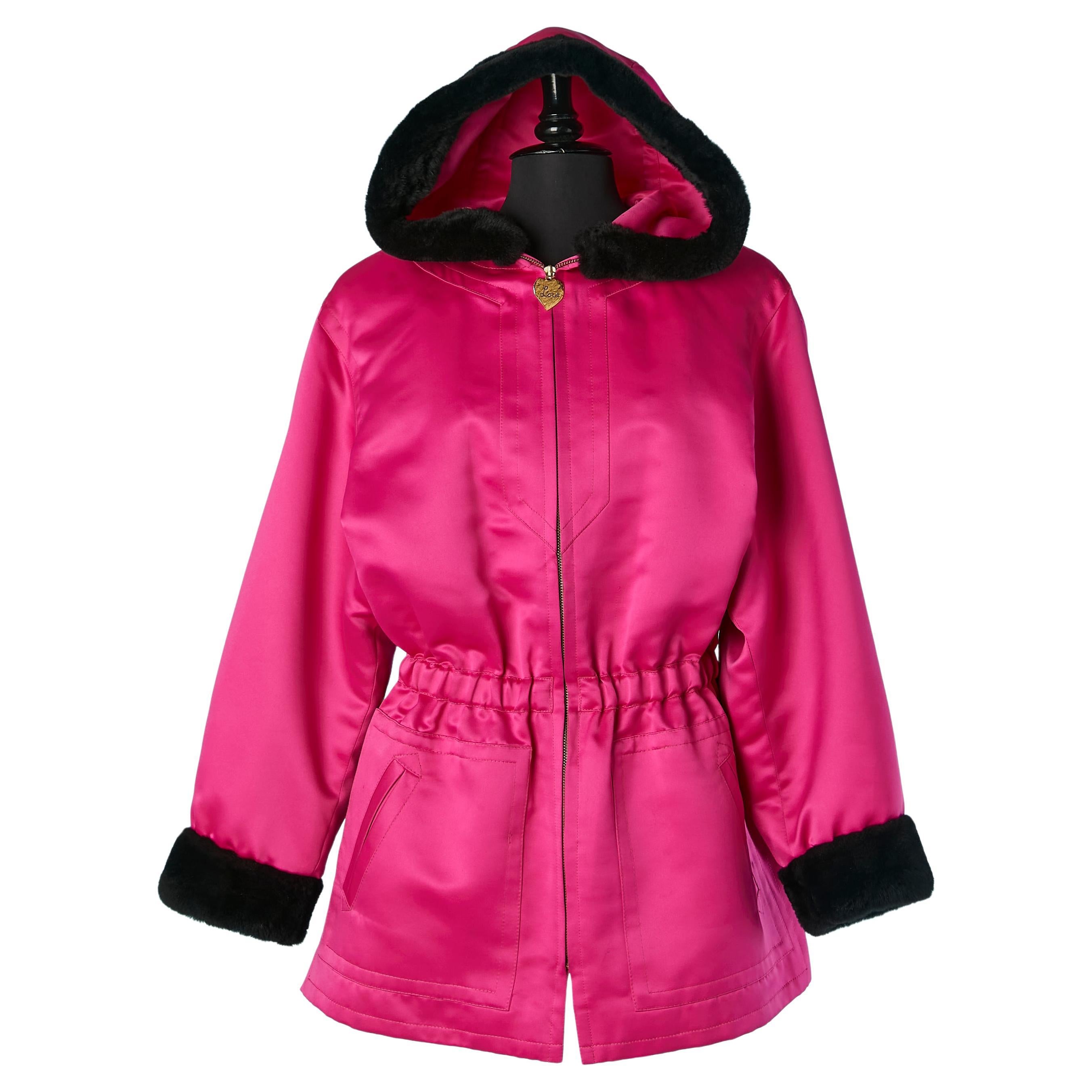 Fushia satin parka with Nutria furs lining and hood Yves Saint Laurent Fourrures For Sale