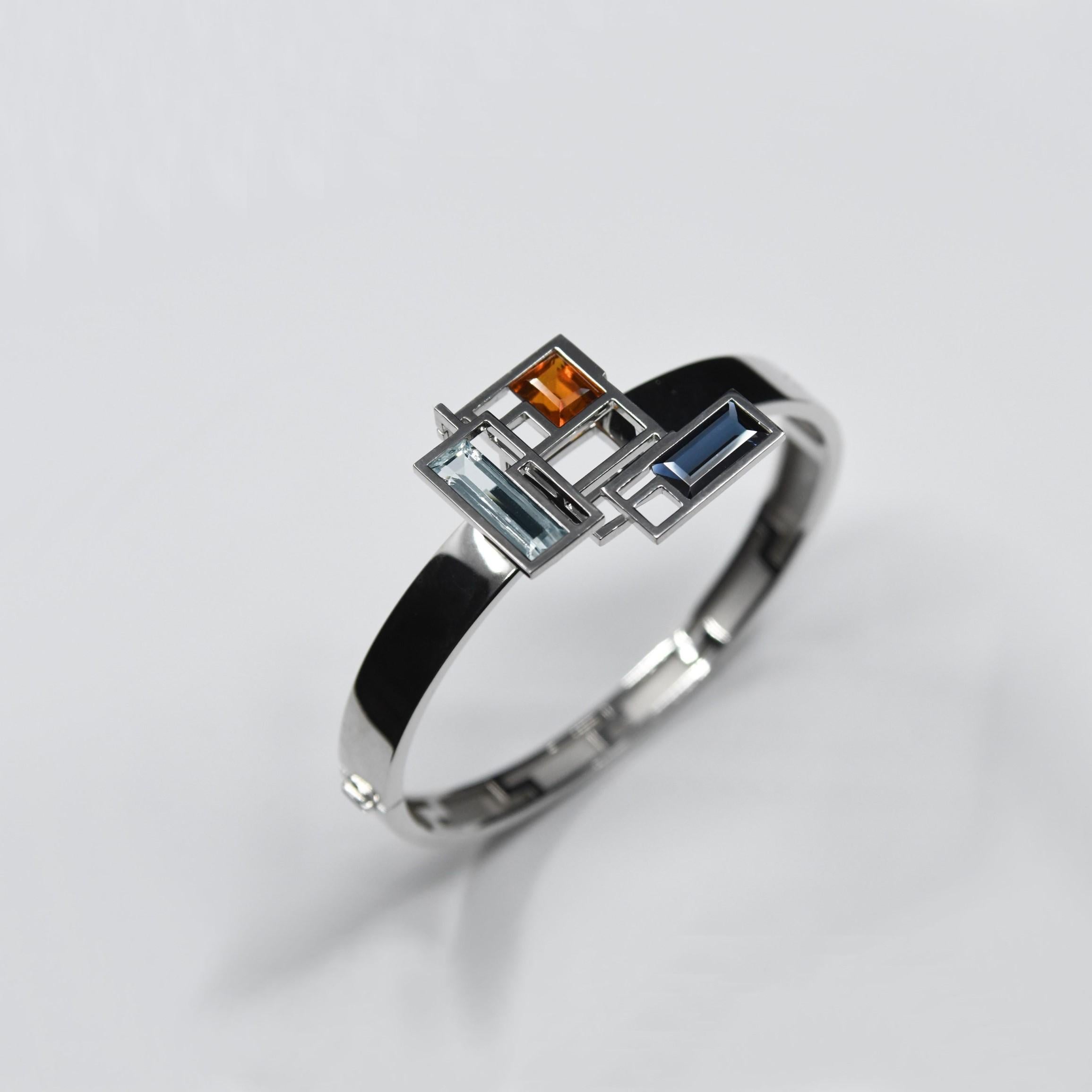 Contemporary FUSION bracelet, Hessonite garnet 2.6ct Aquamarine 2.5ct & Blue tourmaline 2.1ct