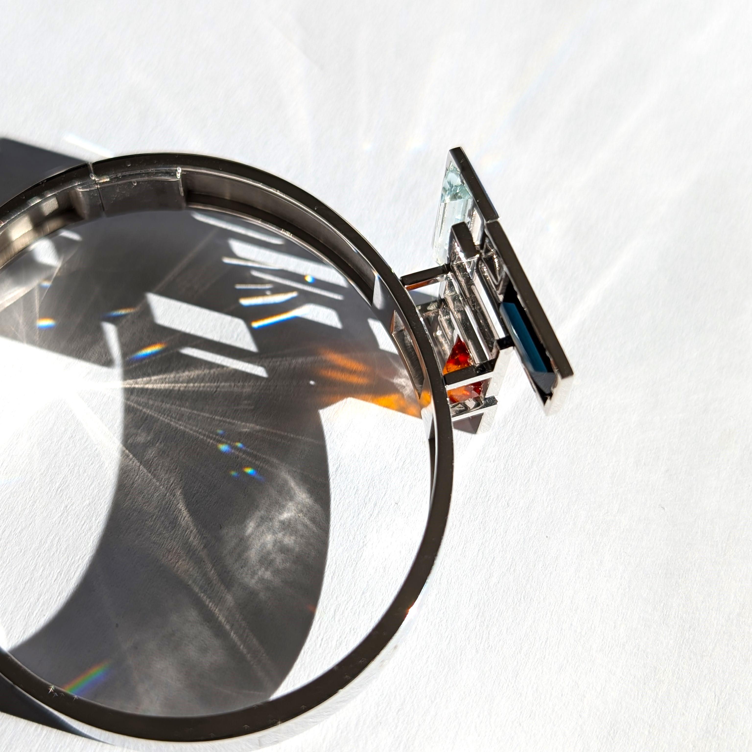 Baguette Cut FUSION bracelet, Hessonite garnet 2.6ct Aquamarine 2.5ct & Blue tourmaline 2.1ct