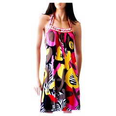 Fusion Pop Graffiti Mix Print Flora Kung Mini Silk Halter Dress NWT