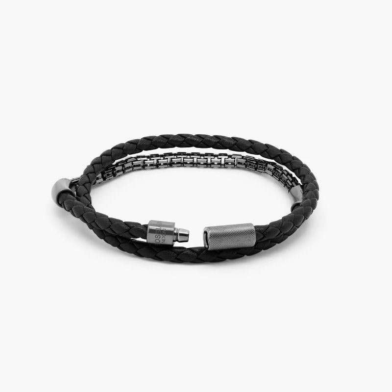 Fusione Bracelet in Black Leather & Black Rhodium Plated Sterling Silver, Size L In New Condition For Sale In Fulham business exchange, London