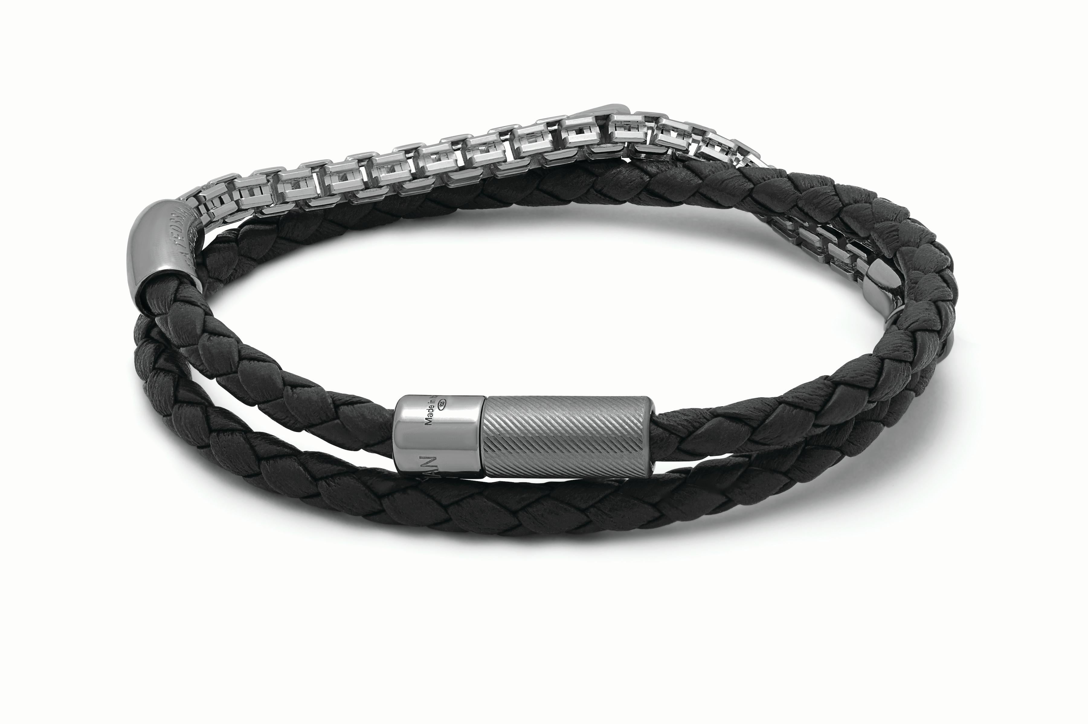 Men's Fusione Bracelet in Black Leather & Black Rhodium Plated Sterling Silver, Size L For Sale