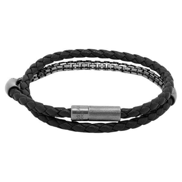 Fusione Bracelet in Black Leather & Black Rhodium Plated Sterling Silver, Size L For Sale