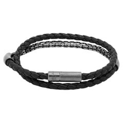 Bracelet Fusione en cuir noir et argent sterling plaqué rhodium noir, taille L