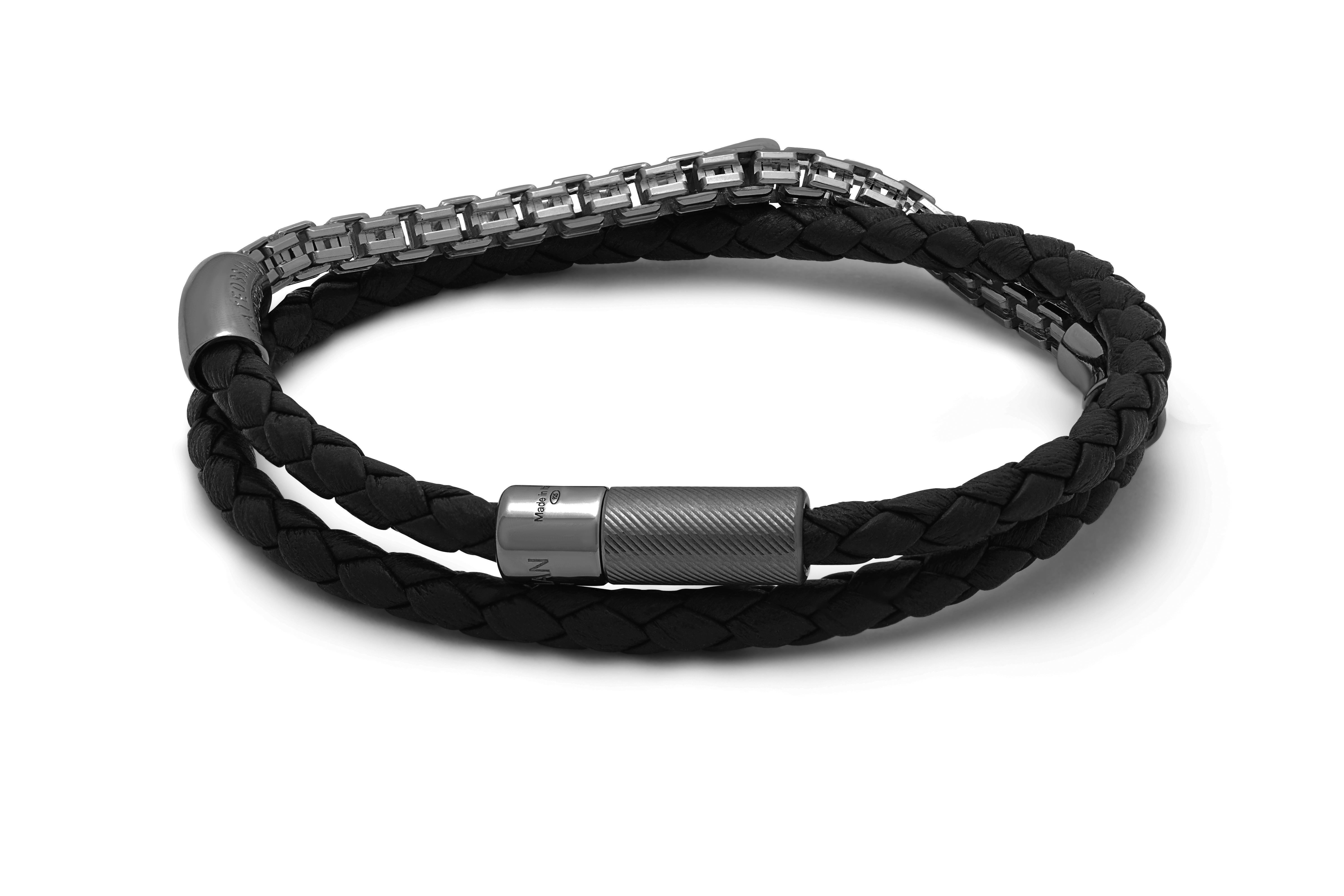 Fusione-Armband aus schwarzem Leder und schwarz rhodiniertem Sterlingsilber, Größe S Herren im Angebot