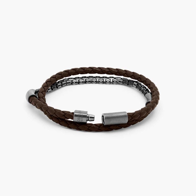 Fusione Bracelet in Brown Leather with Black Rhodium Sterling Silver, Size M In New Condition For Sale In Fulham business exchange, London