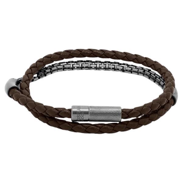 Fusione Bracelet in Brown Leather with Black Rhodium Sterling Silver, Size M For Sale