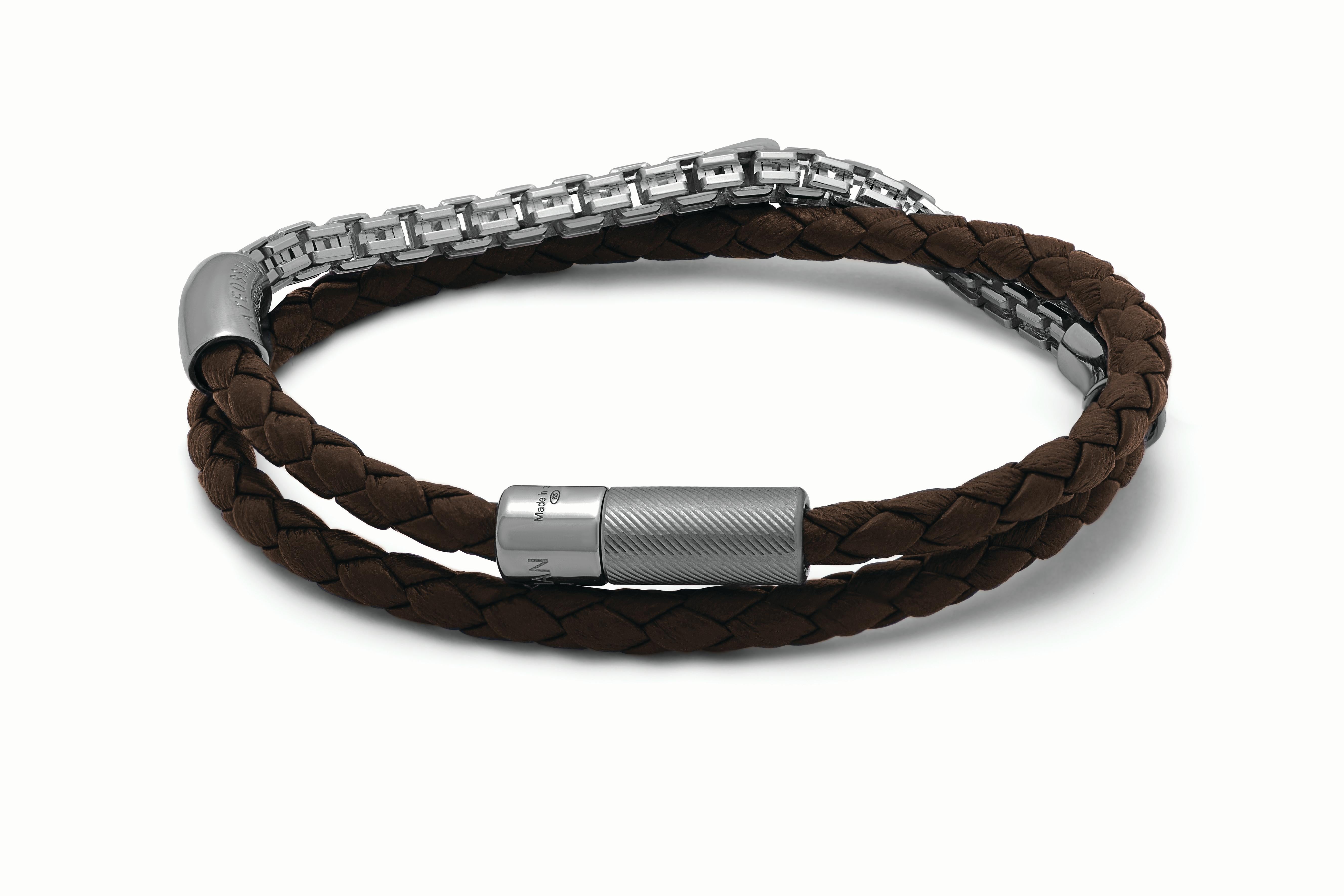 Men's Fusione Bracelet in Brown Leather with Black Rhodium Sterling Silver, Size S For Sale