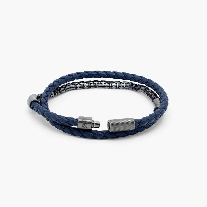 Fusione Bracelet in Navy Leather with Black Rhodium Sterling Silver, Size L In New Condition For Sale In Fulham business exchange, London