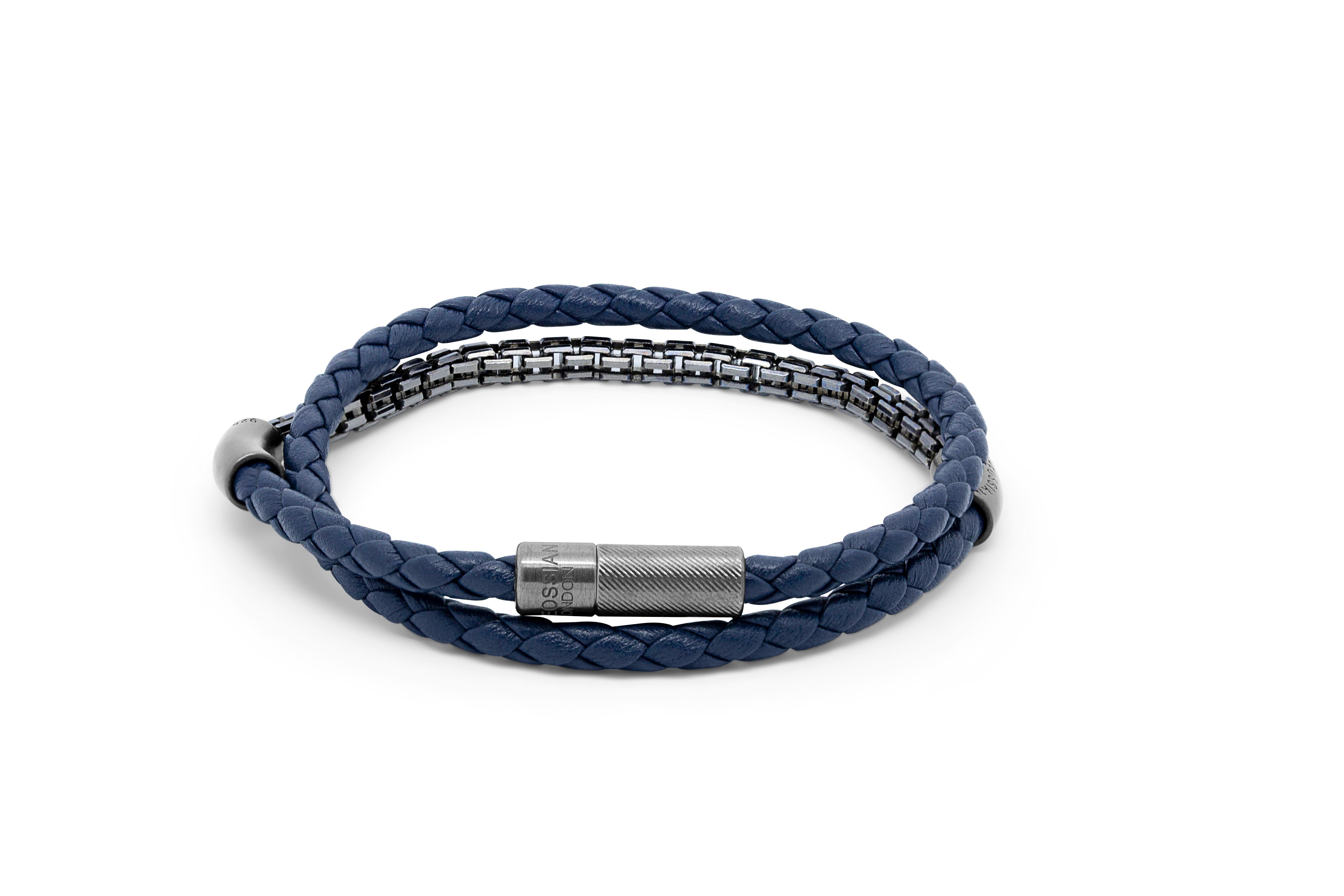 Men's Fusione Bracelet in Navy Leather with Black Rhodium Sterling Silver, Size L For Sale