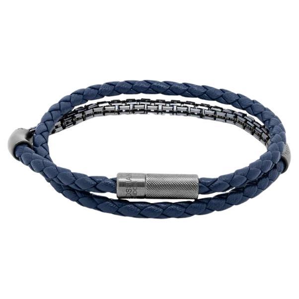 Fusione Bracelet in Navy Leather with Black Rhodium Sterling Silver, Size L For Sale