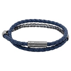 Bracelet Fusione en cuir bleu marine et argent sterling rhodié noir, taille L