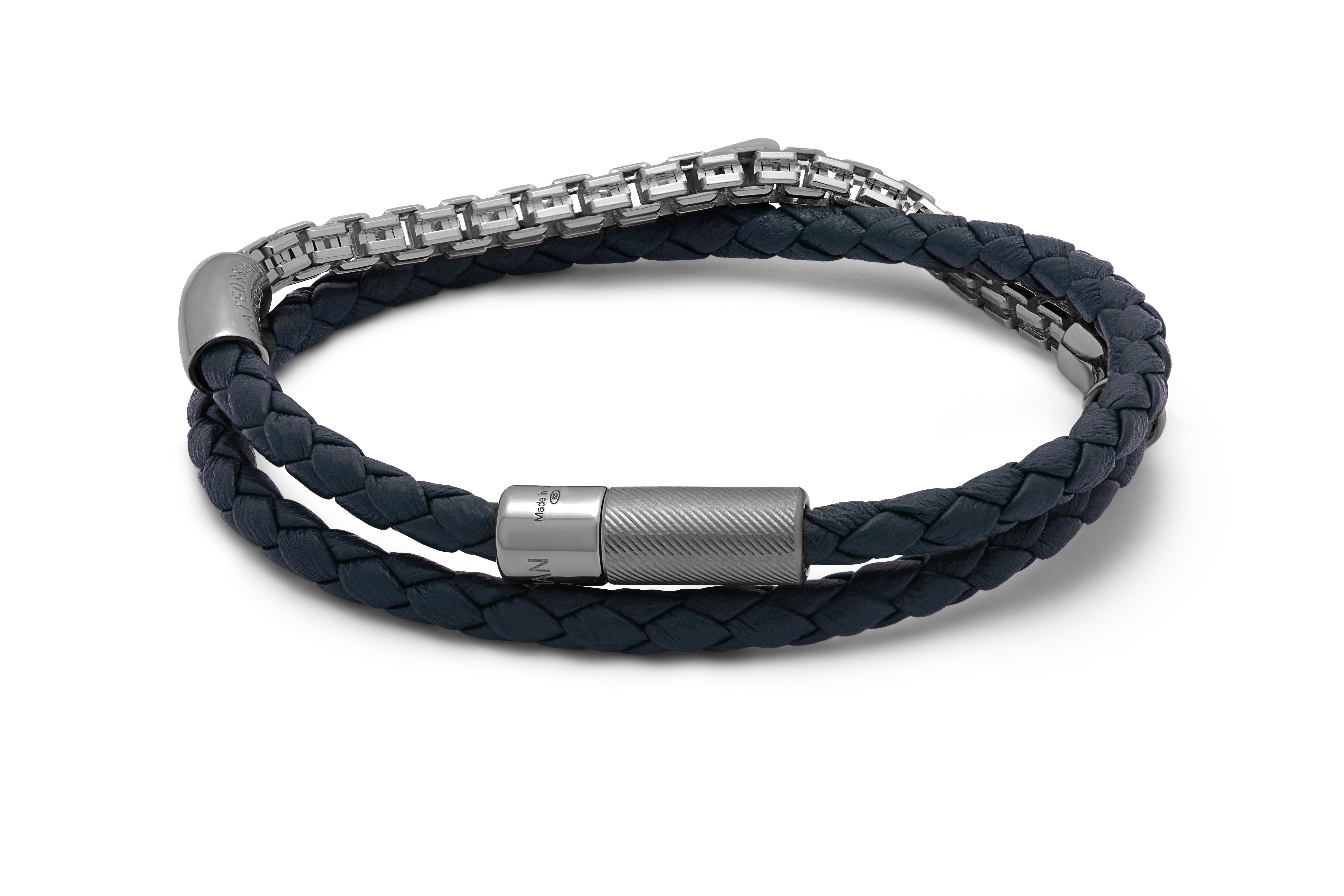 Men's Fusione Bracelet in Navy Leather with Black Rhodium Sterling Silver, Size S For Sale