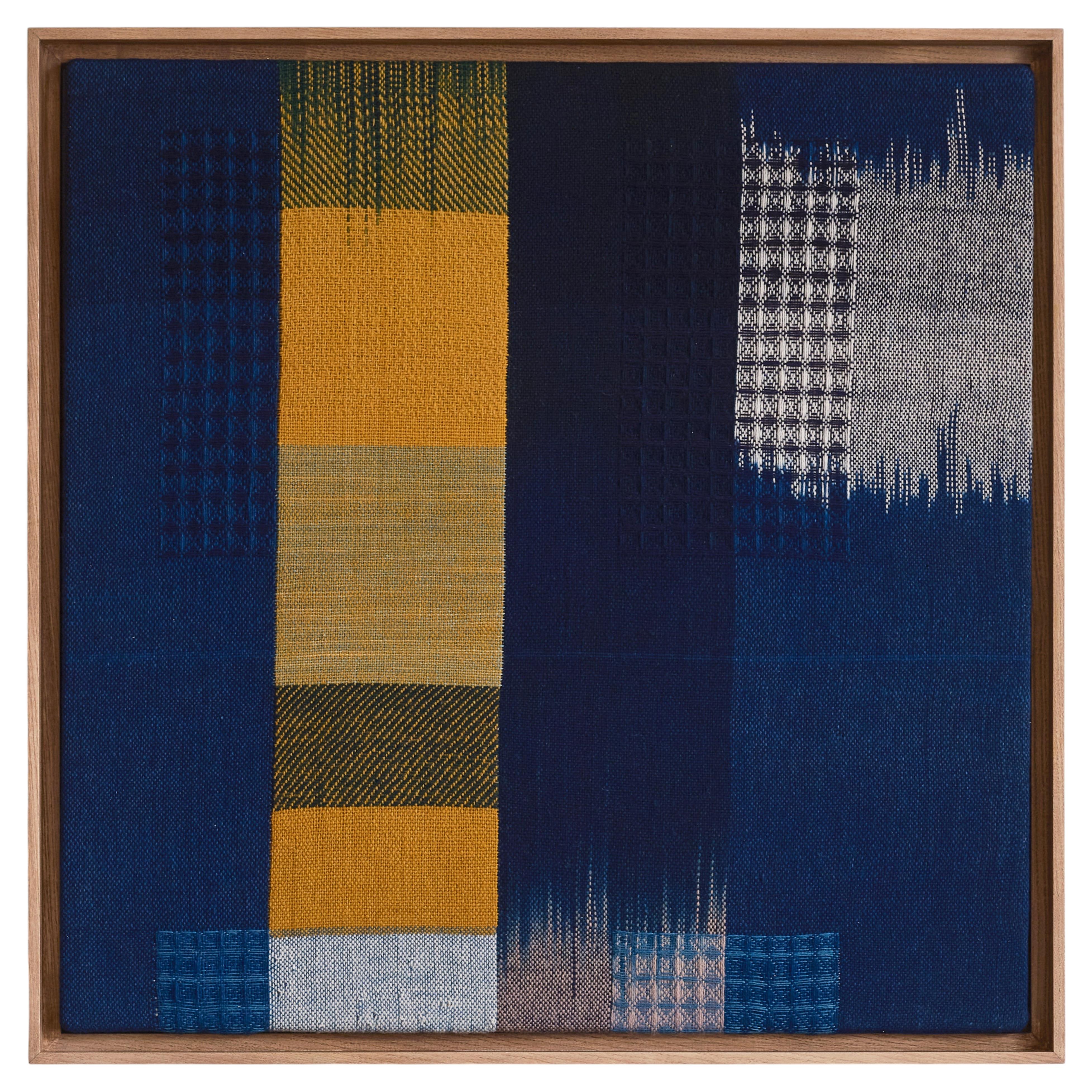 Fustic II - Handwoven Natural Indigo, Green, Amber yellow, Blue Framed Artwork