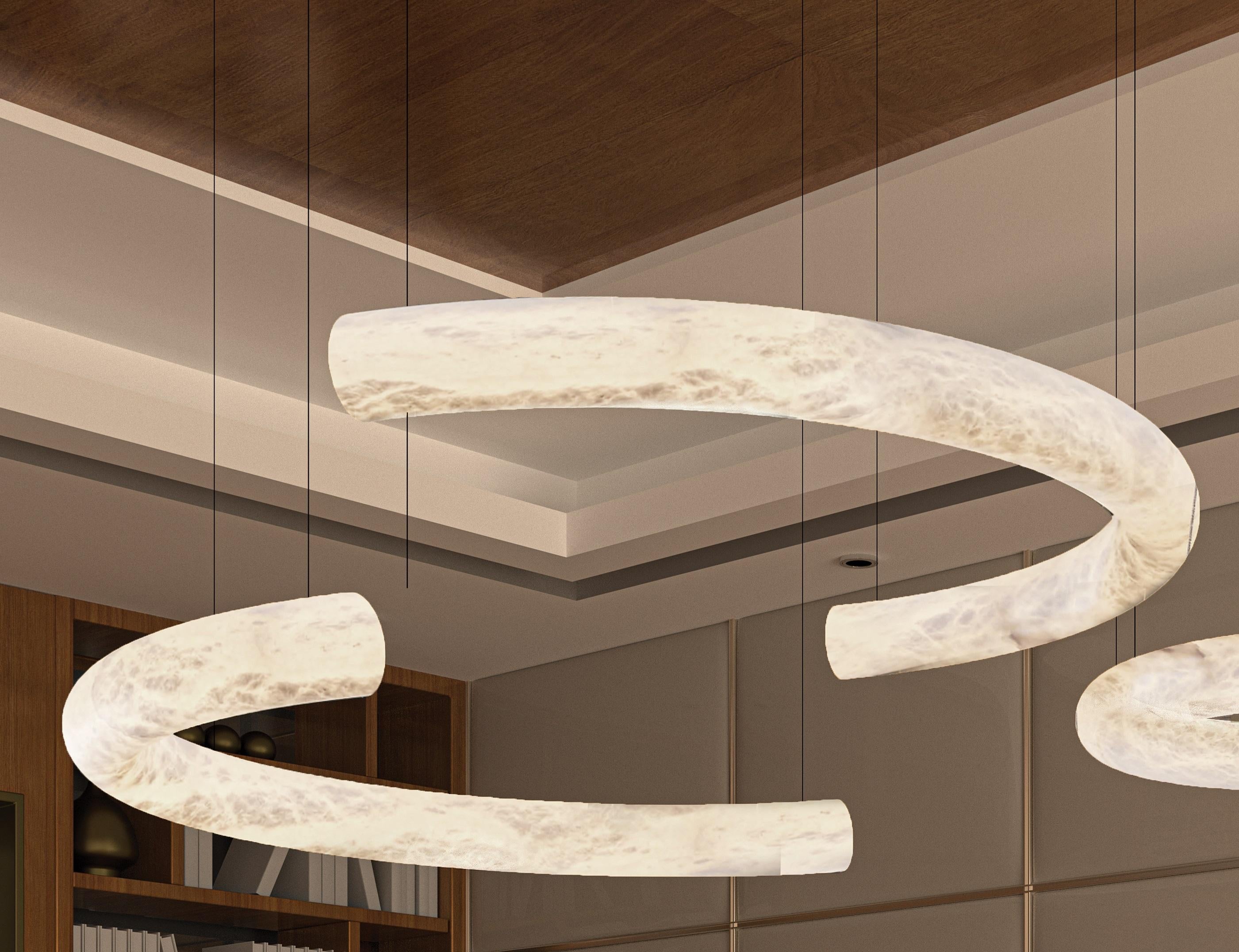 Futatsu Medium Suspension Lamp by Alabastro Italiano
Dimensions: Ø 80 x H 200 cm.
Materials: White alabaster and metal.

Available in different finishes: Shiny Silver, Bronze, Brushed Brass, Ruggine of Florence, Brushed Burnished, Shiny Gold,