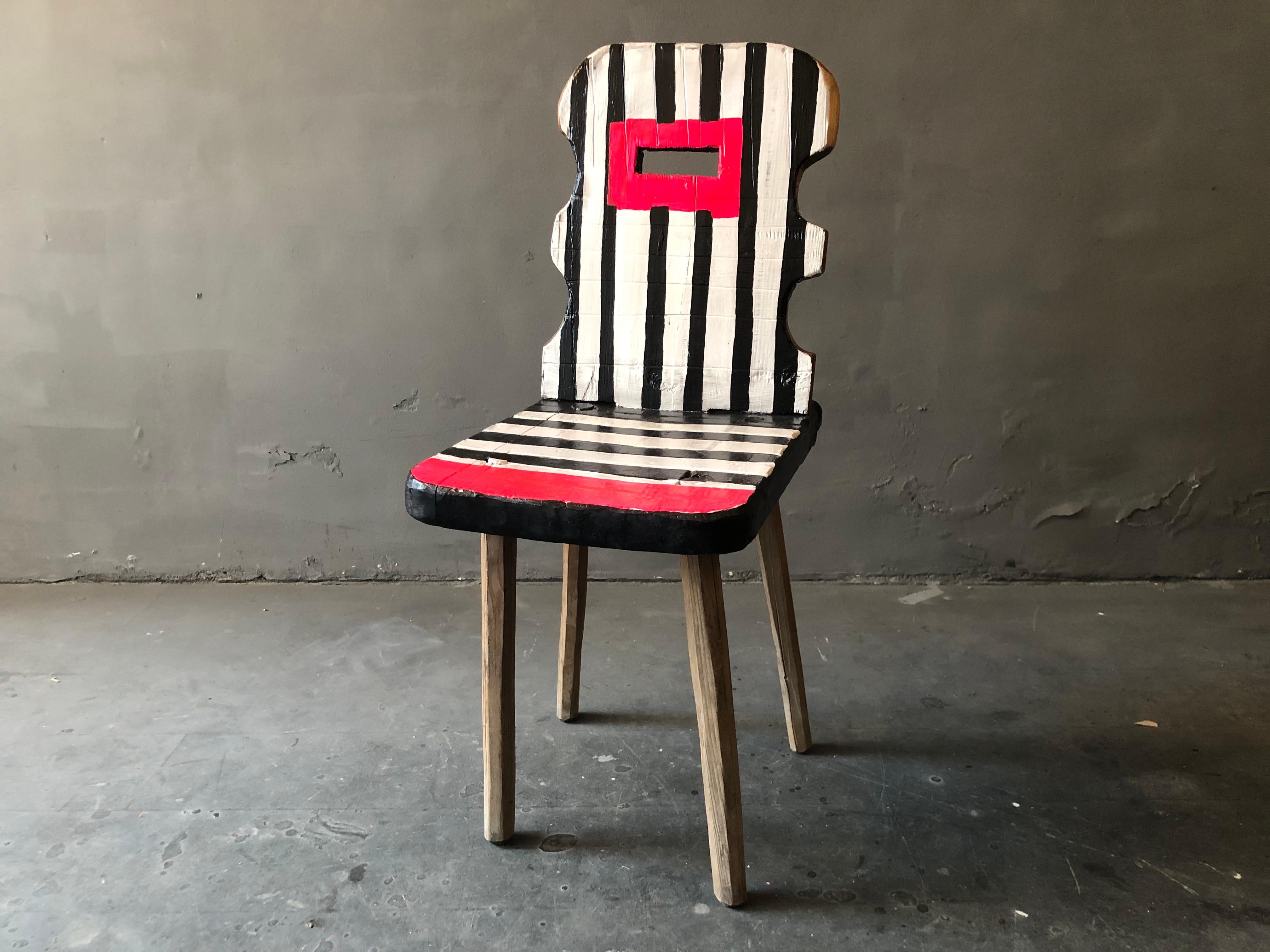 This Farm Chair from Schwarzwald Germany has been painted, multi-lacquered and a griphole has been added. The prominent colors are infectious.
Through my work I transform each chair into a unique and individual object. Chairs that once were