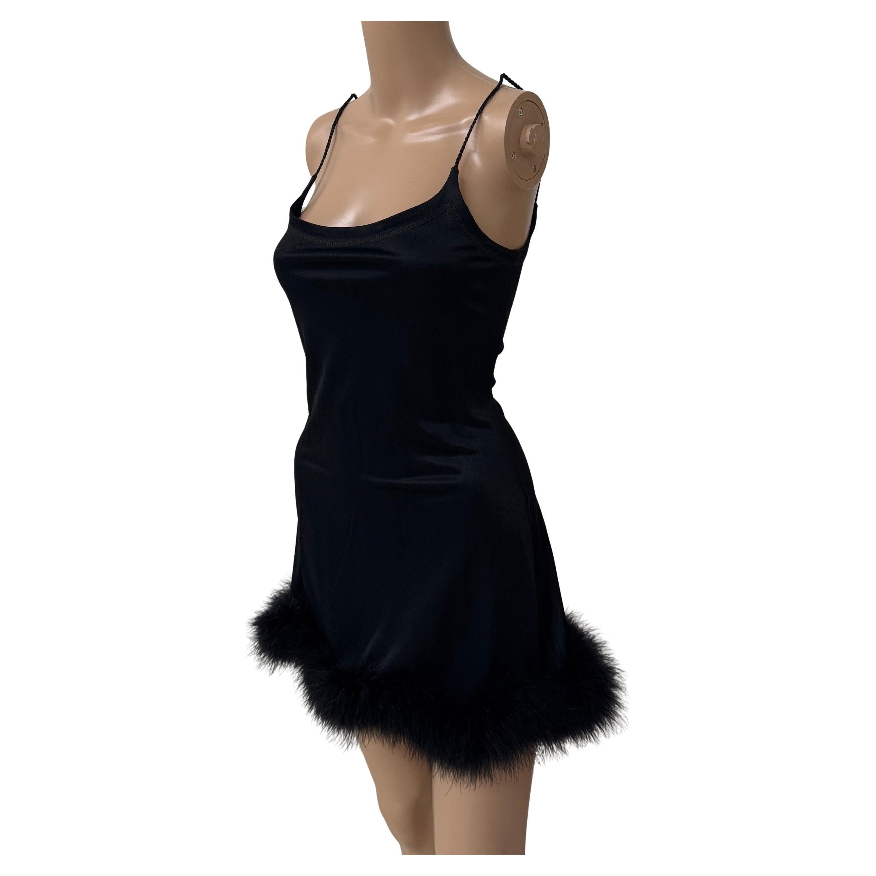 Future Ozbek Feather-Trimmed Black Slip Dress - For Sale
