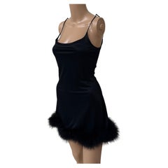 Future Ozbek Feather-Trimmed Black Slip Dress -
