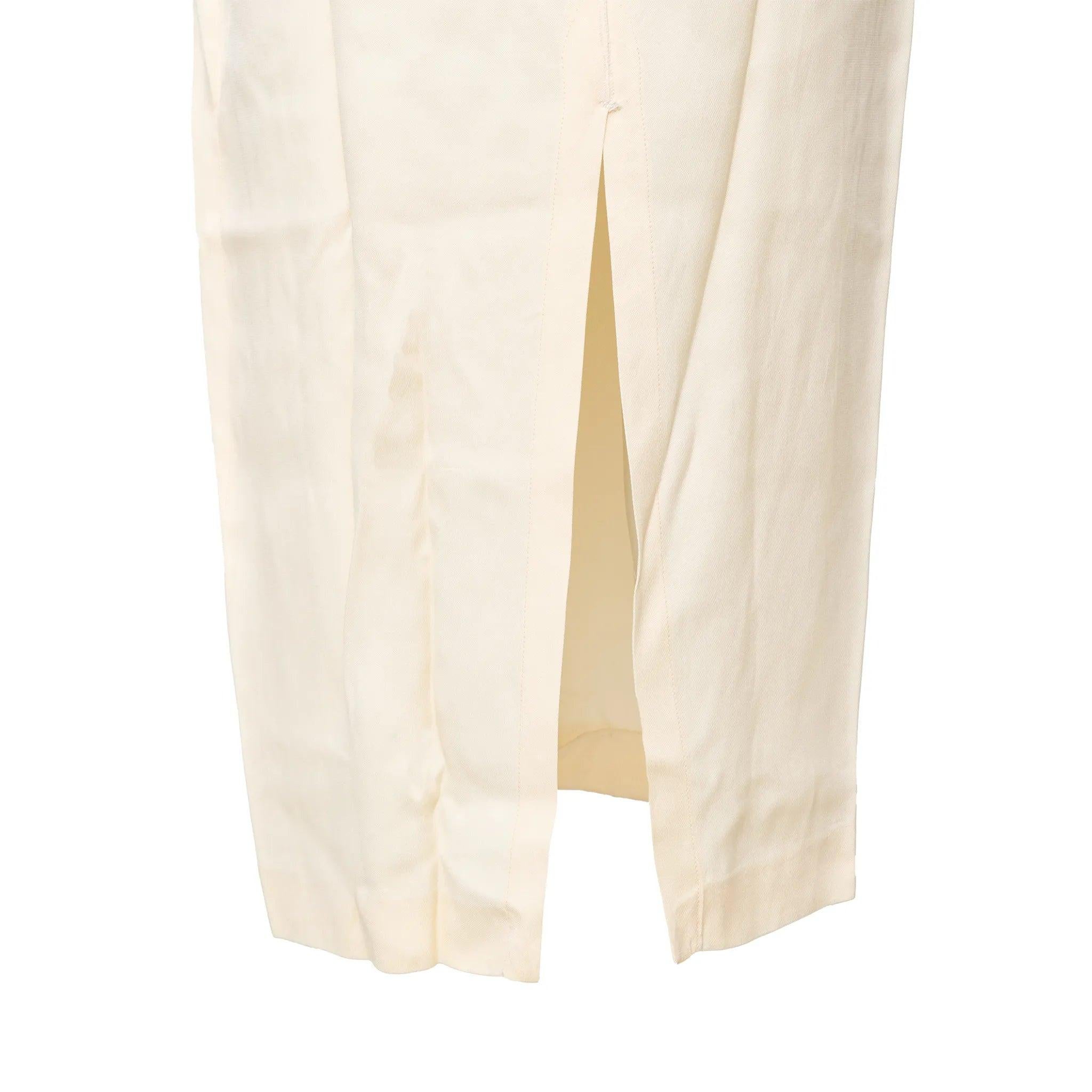 Future Ozbek Dress in off-white acetate blend features a long silhouette, V-neck, crossed back with zipper, and back vent for elegant comfort. 
 Remarks: there are some imperfections on the fabric.  
 Measurements: Bust:42;Waist:36;Length:126  

