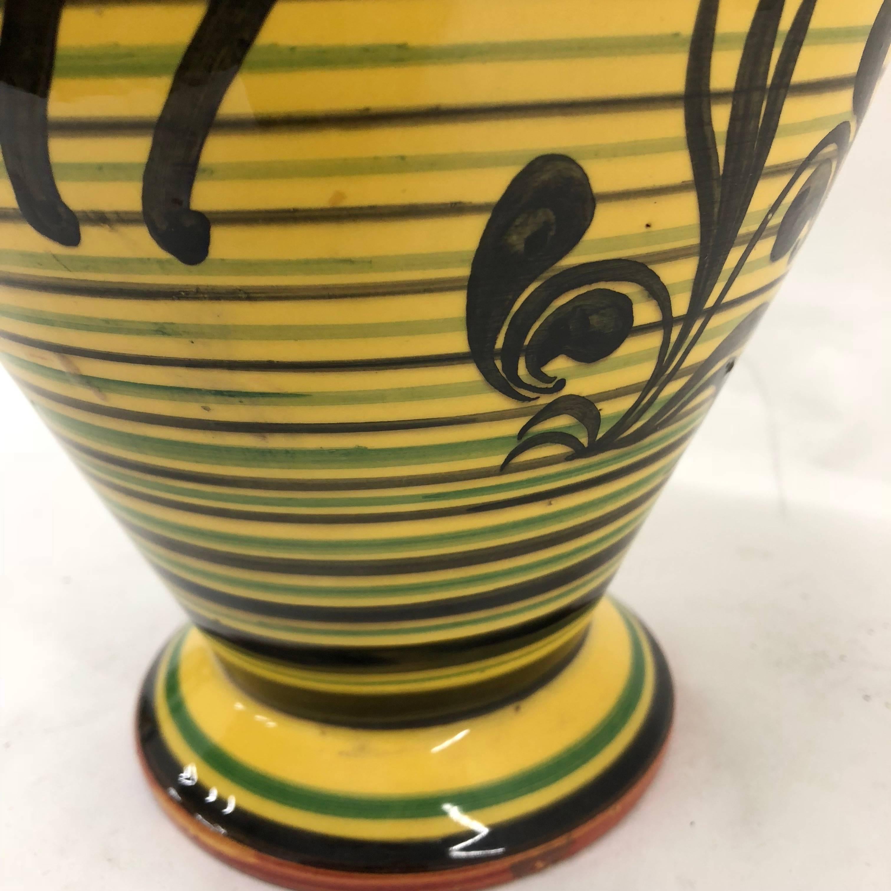 Art Deco Futurist Italian Yellow Hand Painted Ceramic Vase, circa 1930