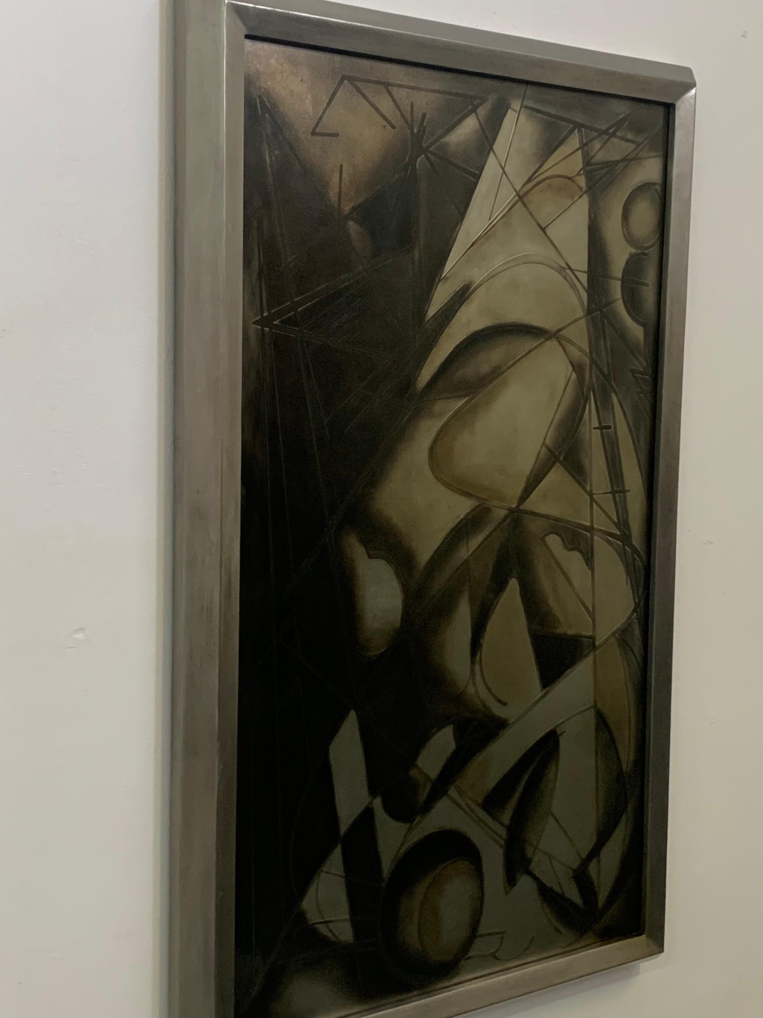 A beautiful and exclusive work on back-treated glass, the mixed media painting on the back of the glass appears with several relief lines running through the work identifying the futurist design. The colours are shades of grey with hints of light