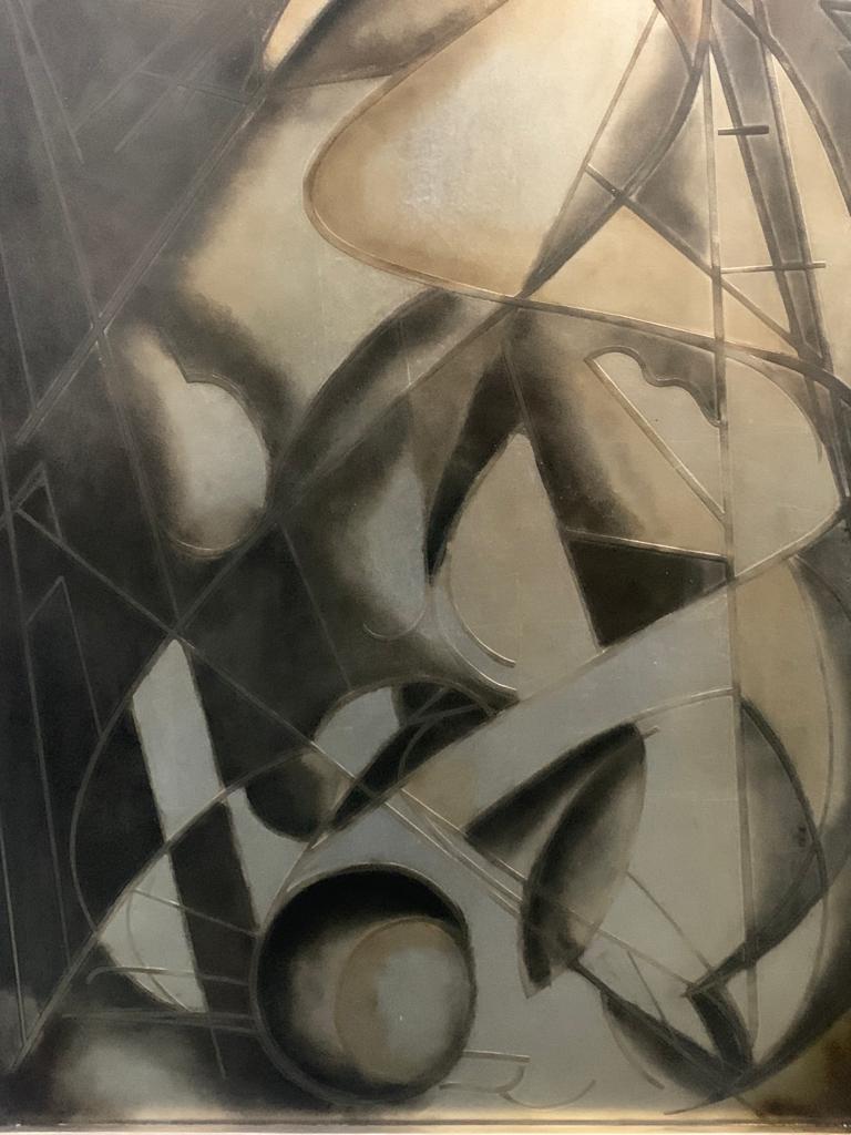 Late 20th Century Futurist Painting in Back Treated Glass by Lam Lee Group, 1980 For Sale