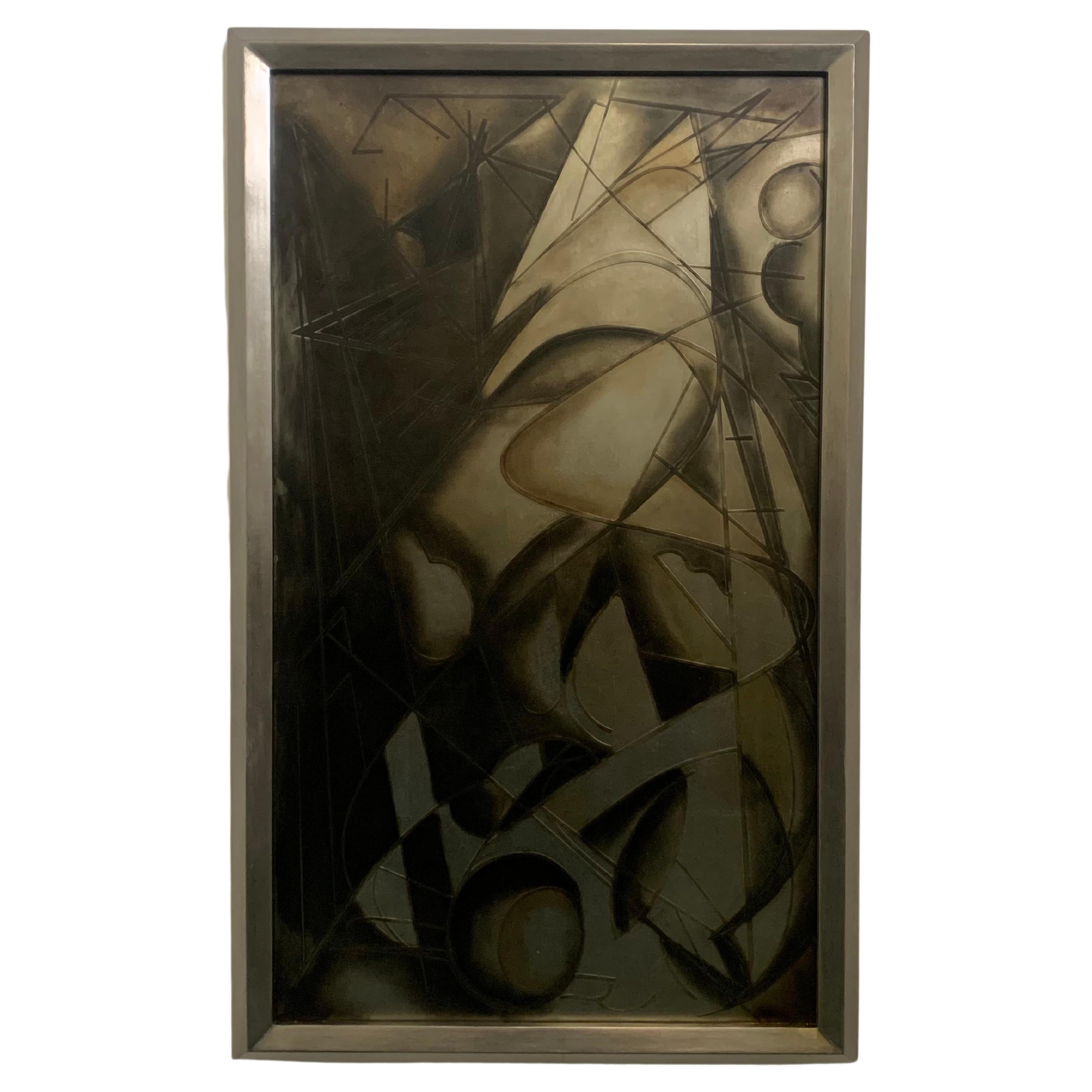 Futuristisches Gemälde aus behandeltem Glas mit Rückenbeschichtung von Lam Lee Group, 1980 im Angebot