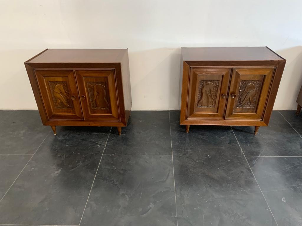 Futurist Style Bedside Tables with Carved Panels, 1940s, Set of 2 3