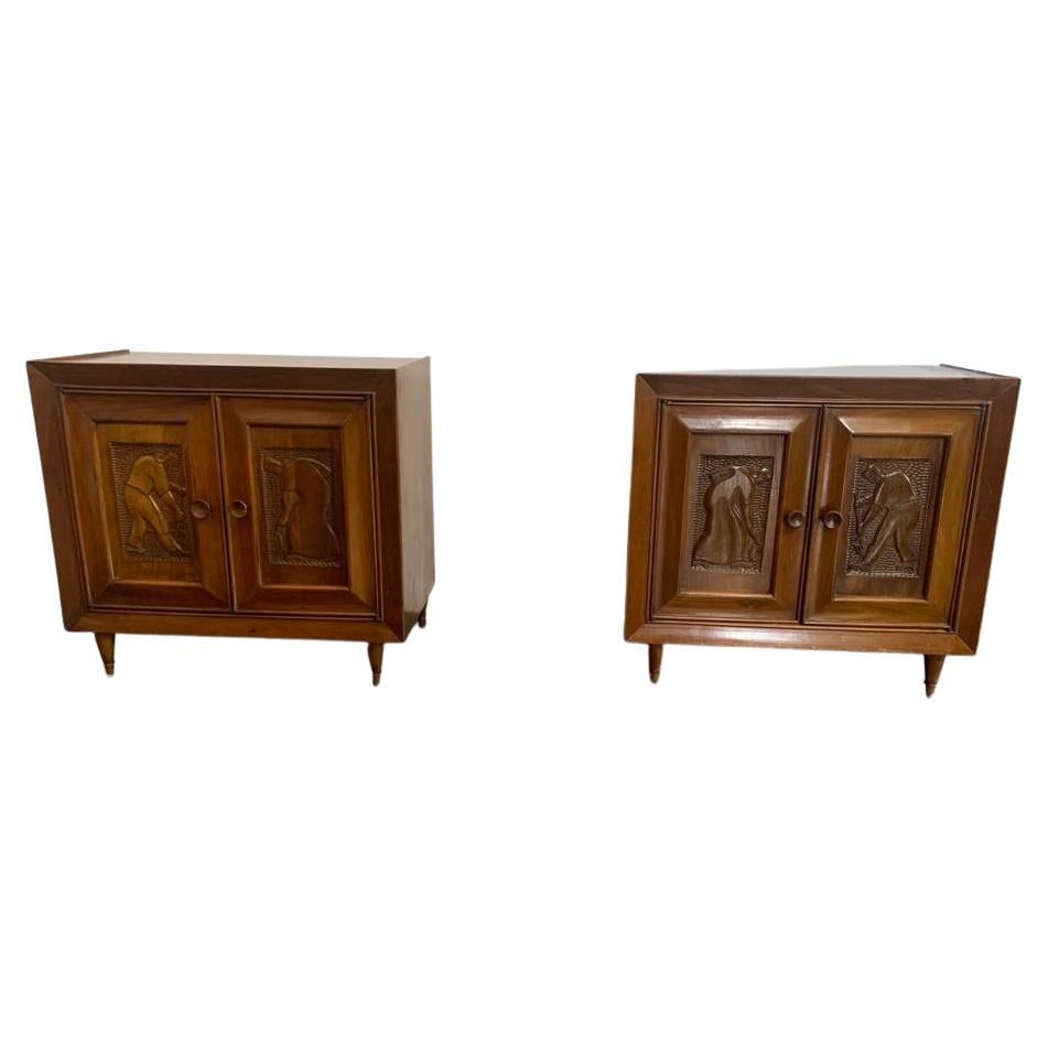 Futurist Style Bedside Tables with Carved Panels, 1940s, Set of 2