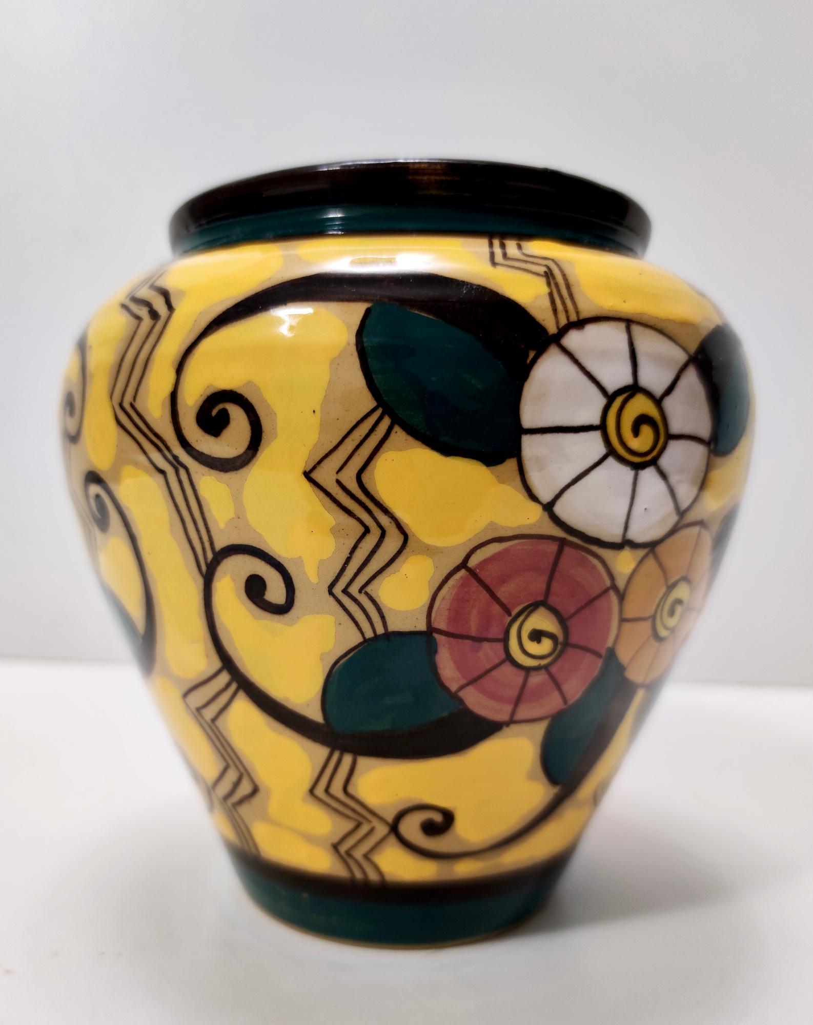Italian Futurist Yellow Glazed Earthenware Vase with Floral Motifs, Italy For Sale