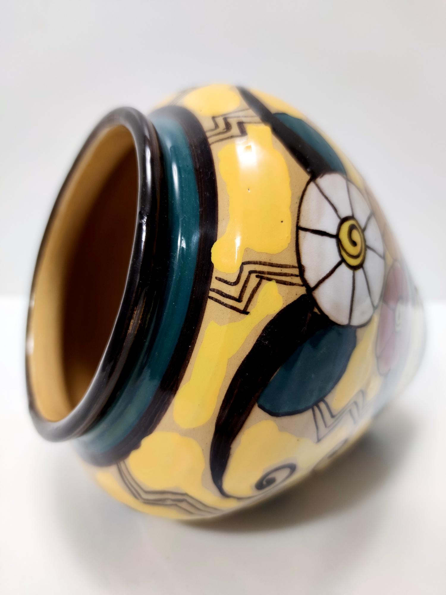 Futurist Yellow Glazed Earthenware Vase with Floral Motifs, Italy For Sale 1