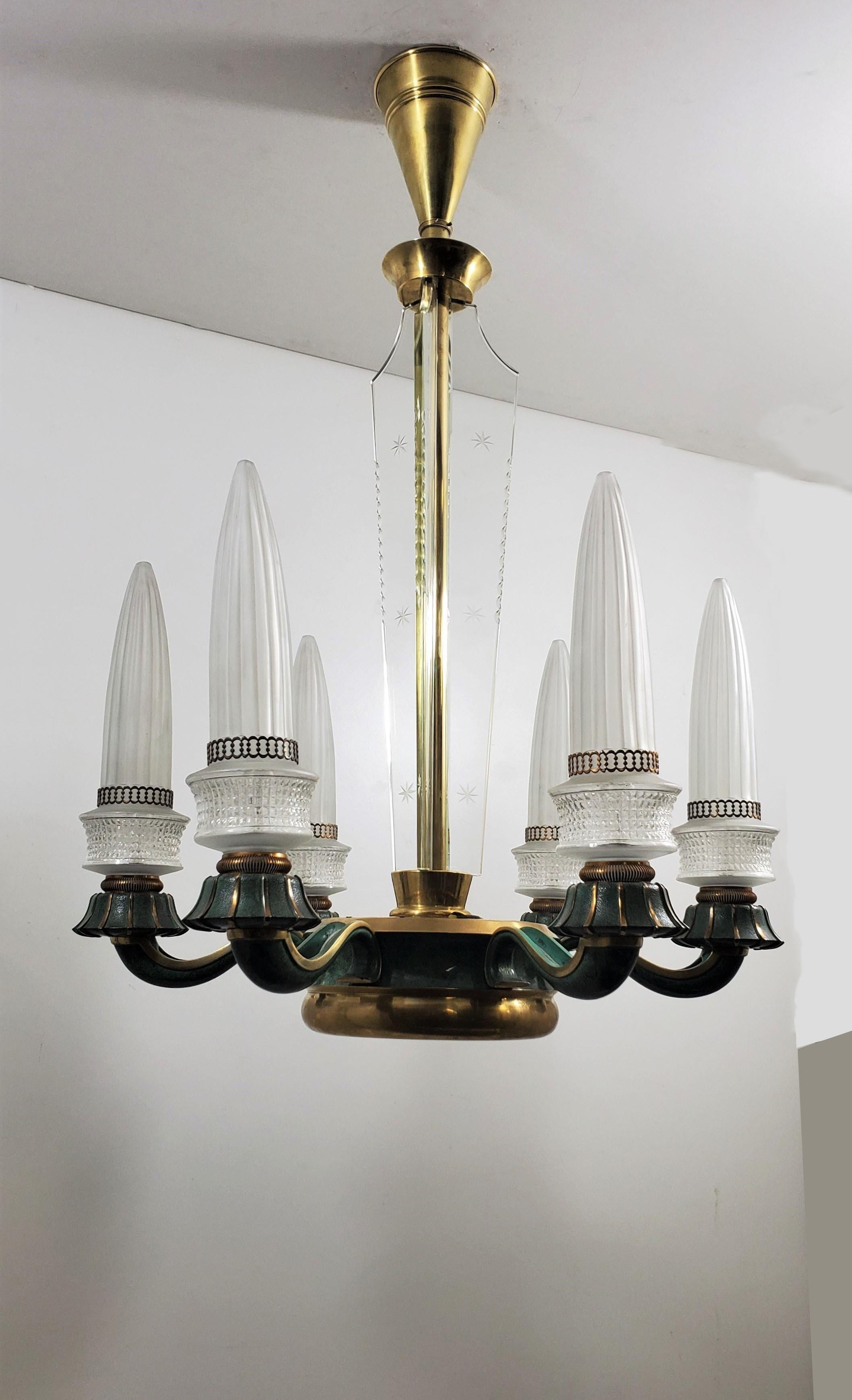 Futuristic frosted Glass and Bronze Six Arm Chandelier Maison Baguès For Sale 14