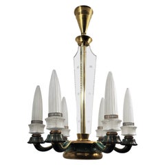 Futuristic frosted Glass and Bronze Six Arm Chandelier Maison Baguès