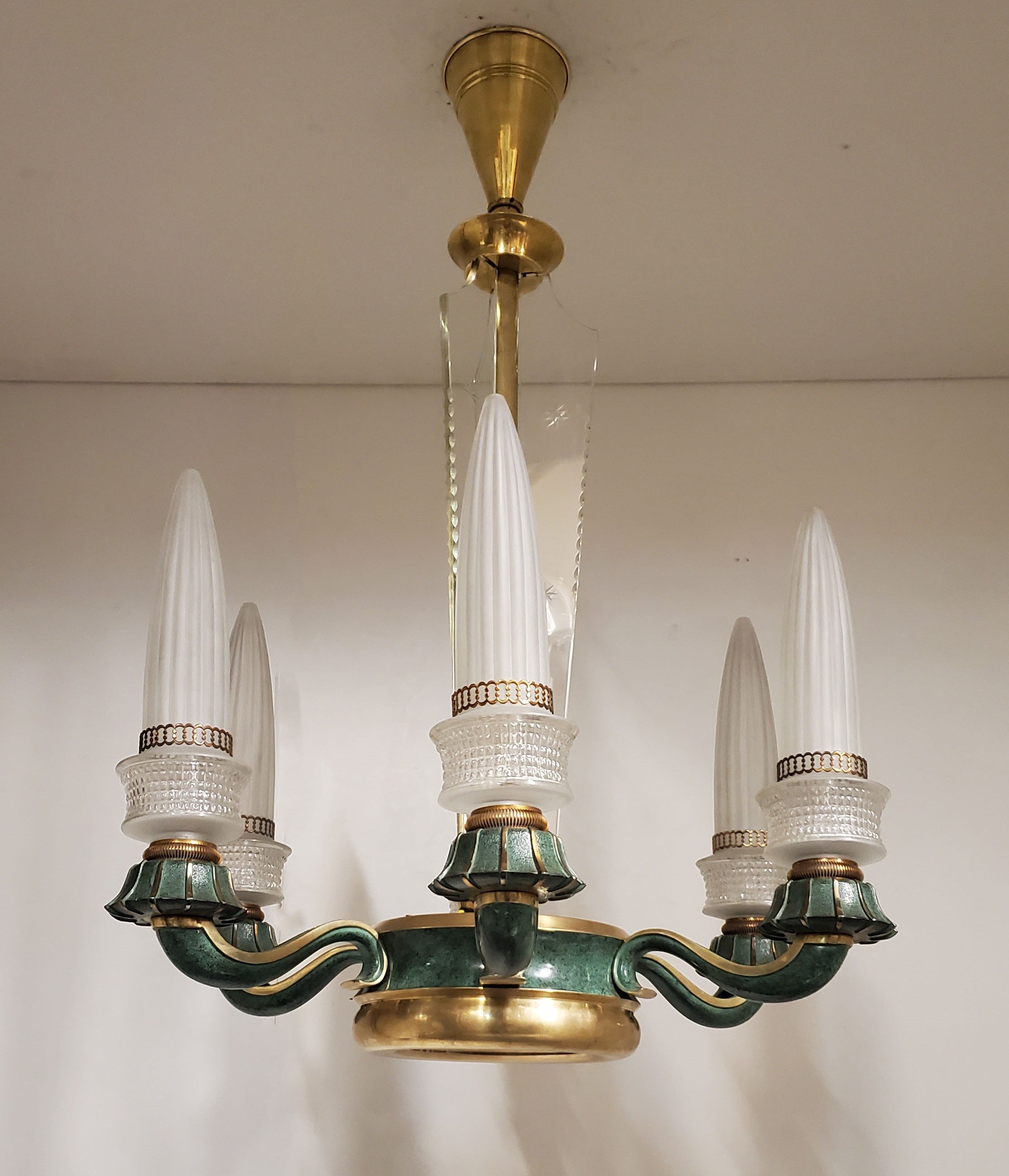 French Futuristic frosted Glass and Bronze Six Arm Chandelier Maison Baguès For Sale