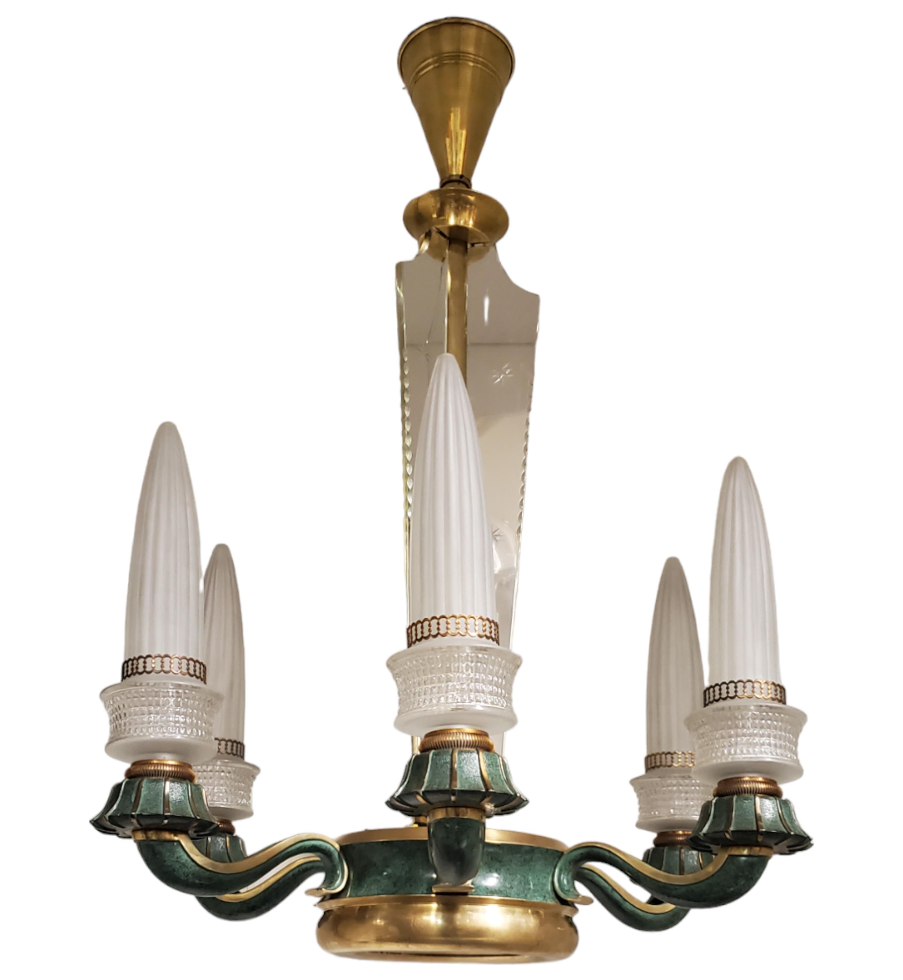 20th Century Futuristic frosted Glass and Bronze Six Arm Chandelier Maison Baguès For Sale