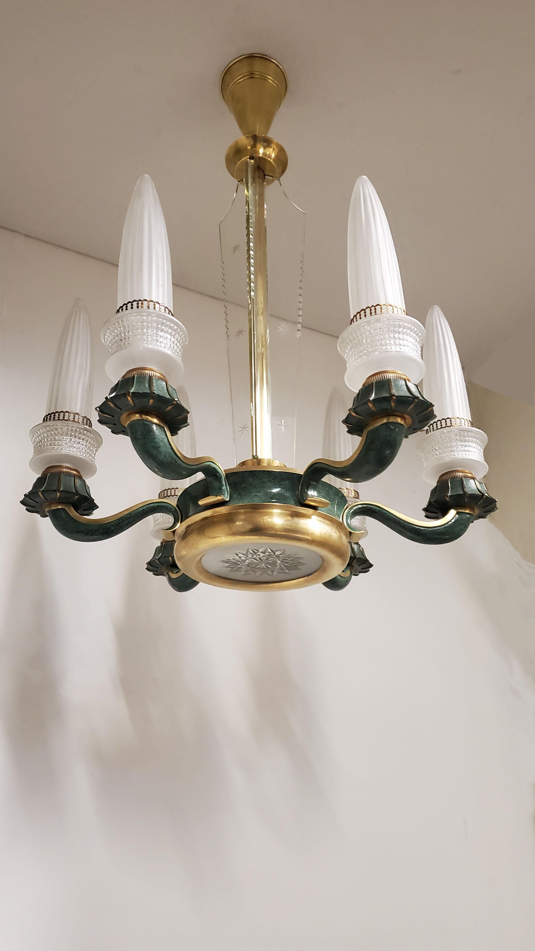 Brass Futuristic frosted Glass and Bronze Six Arm Chandelier Maison Baguès For Sale