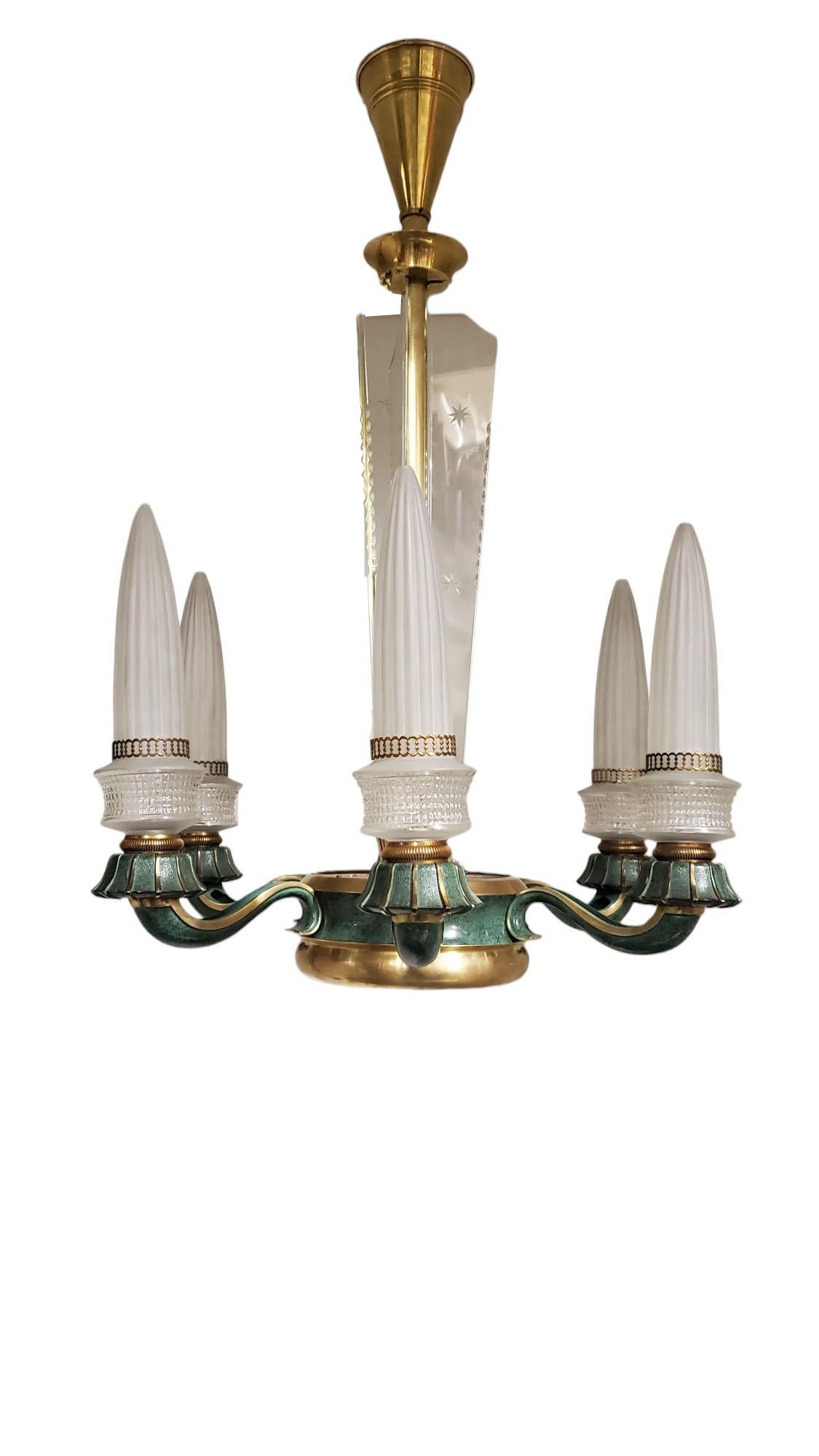 Futuristic frosted Glass and Bronze Six Arm Chandelier Maison Baguès For Sale 1