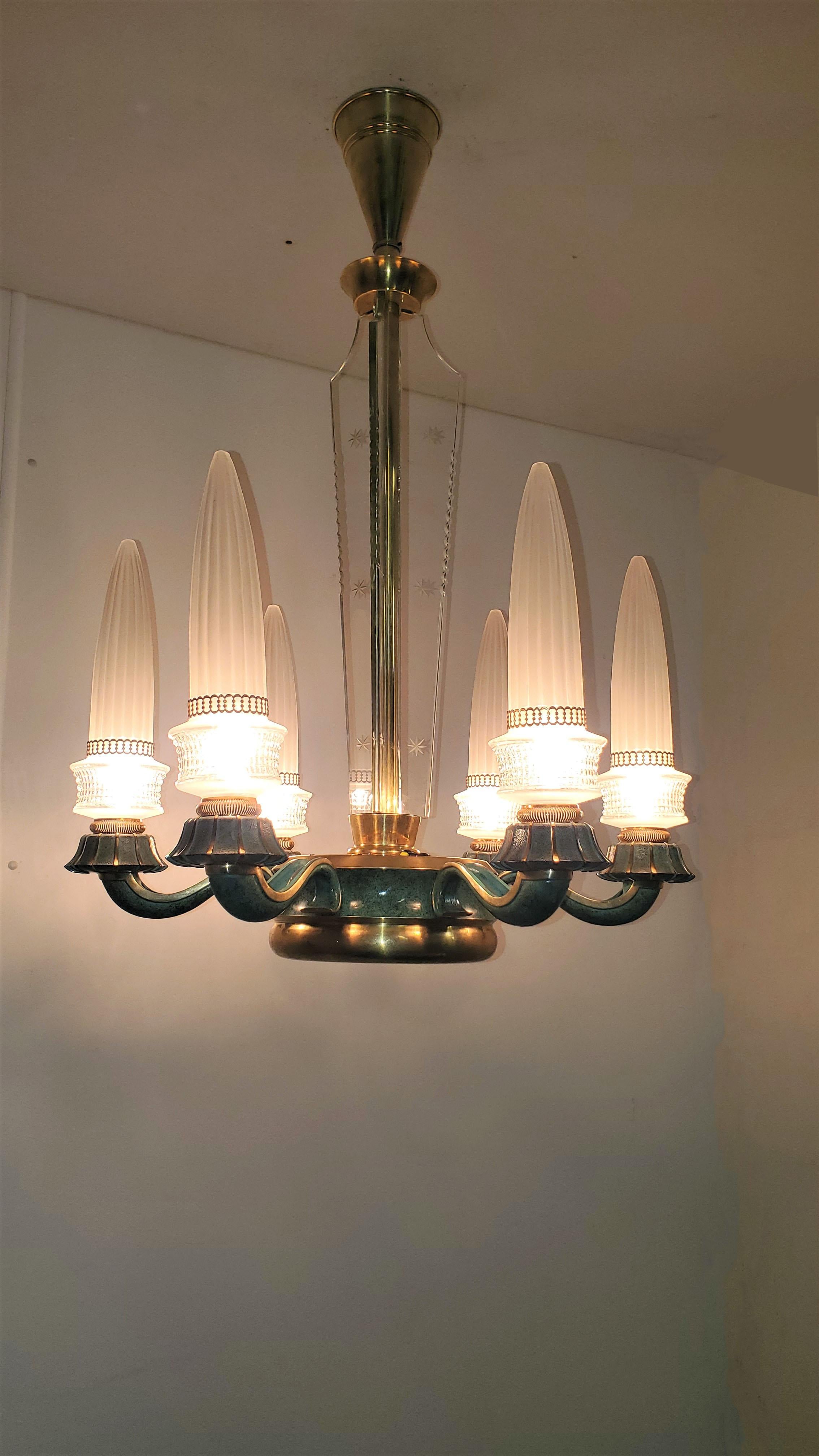 Futuristic frosted Glass and Bronze Six Arm Chandelier Maison Baguès For Sale 4