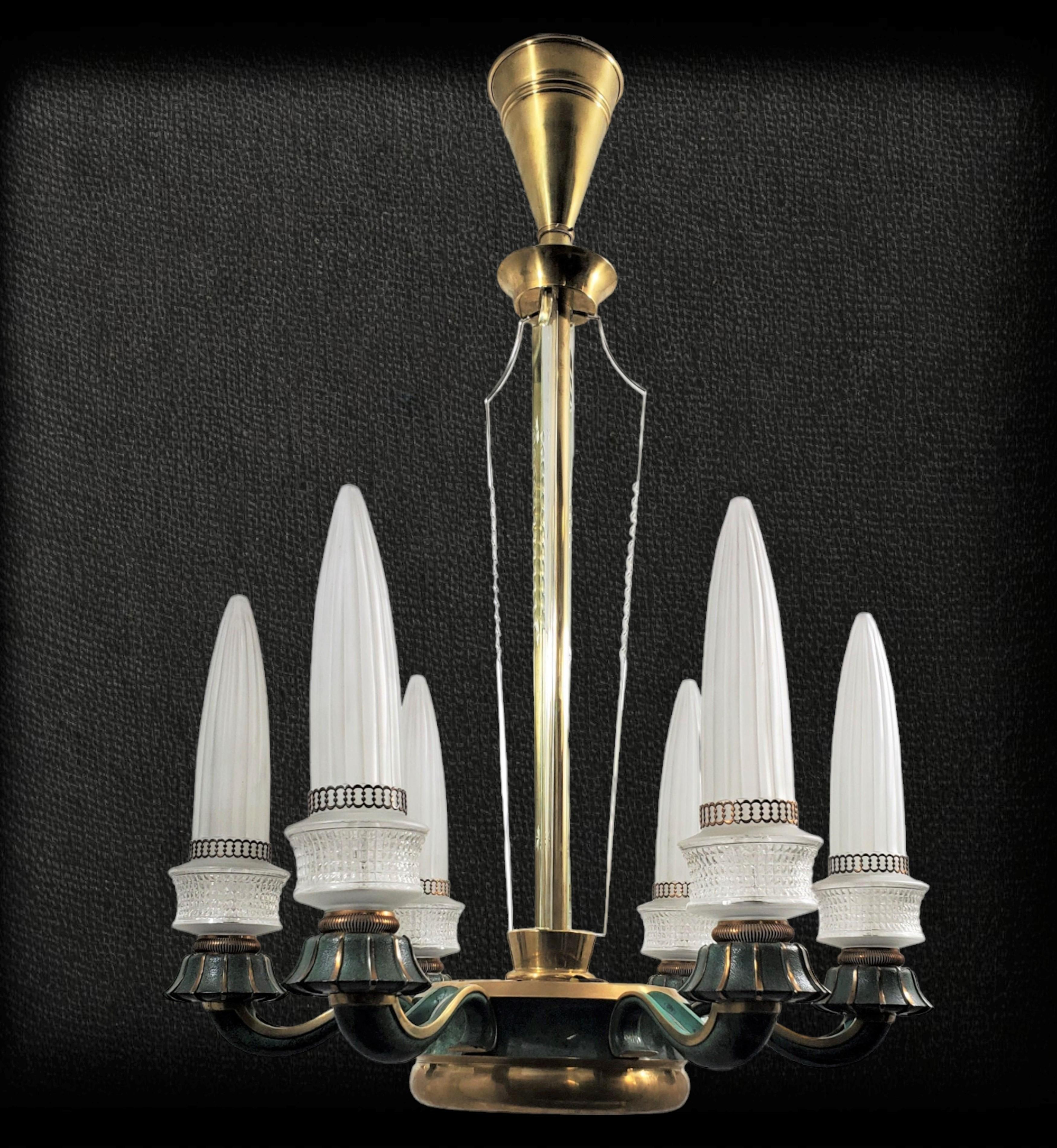 Futuristic frosted Glass and Bronze Six Arm Chandelier Maison Baguès