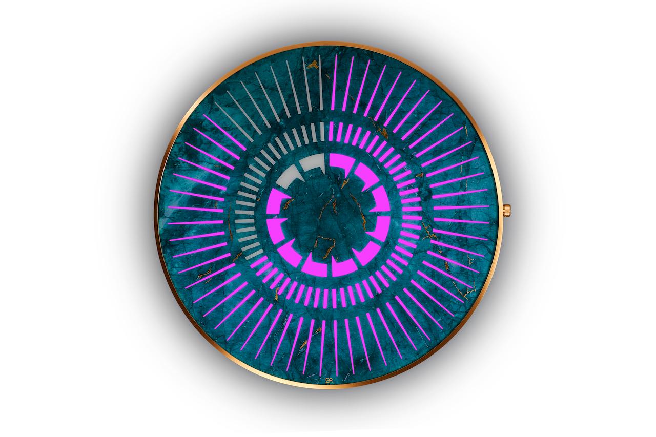 Enameled Futuristic light work that is also a beautifully contrived timepiece For Sale