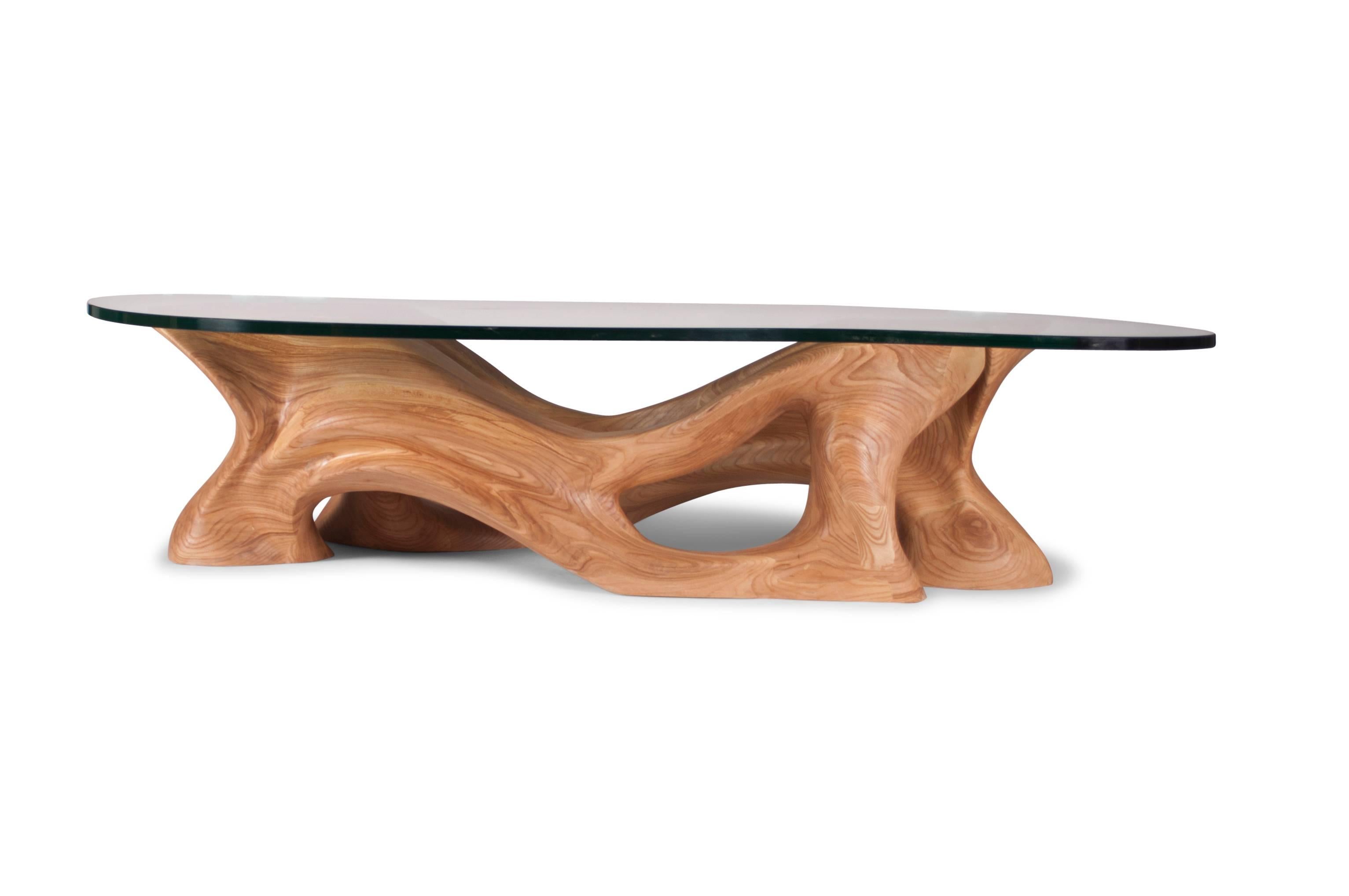 Futuriste Table basse Amorph Crux Teinte Honey sur bois de frêne avec verre organique en vente