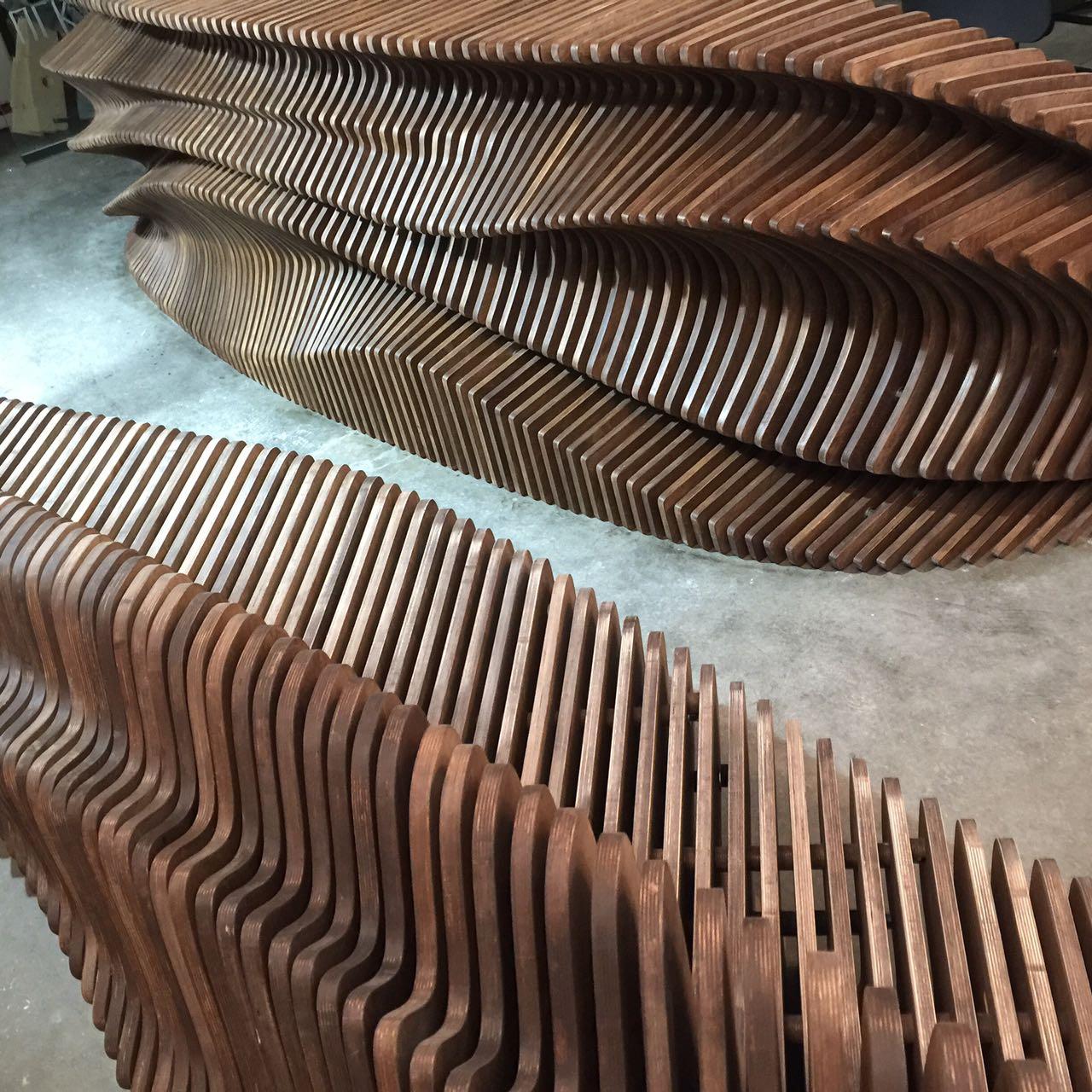 Futuristic Plywood Reception Desk - Parametric CNC-Cut Sculptural Furniture For Sale 3